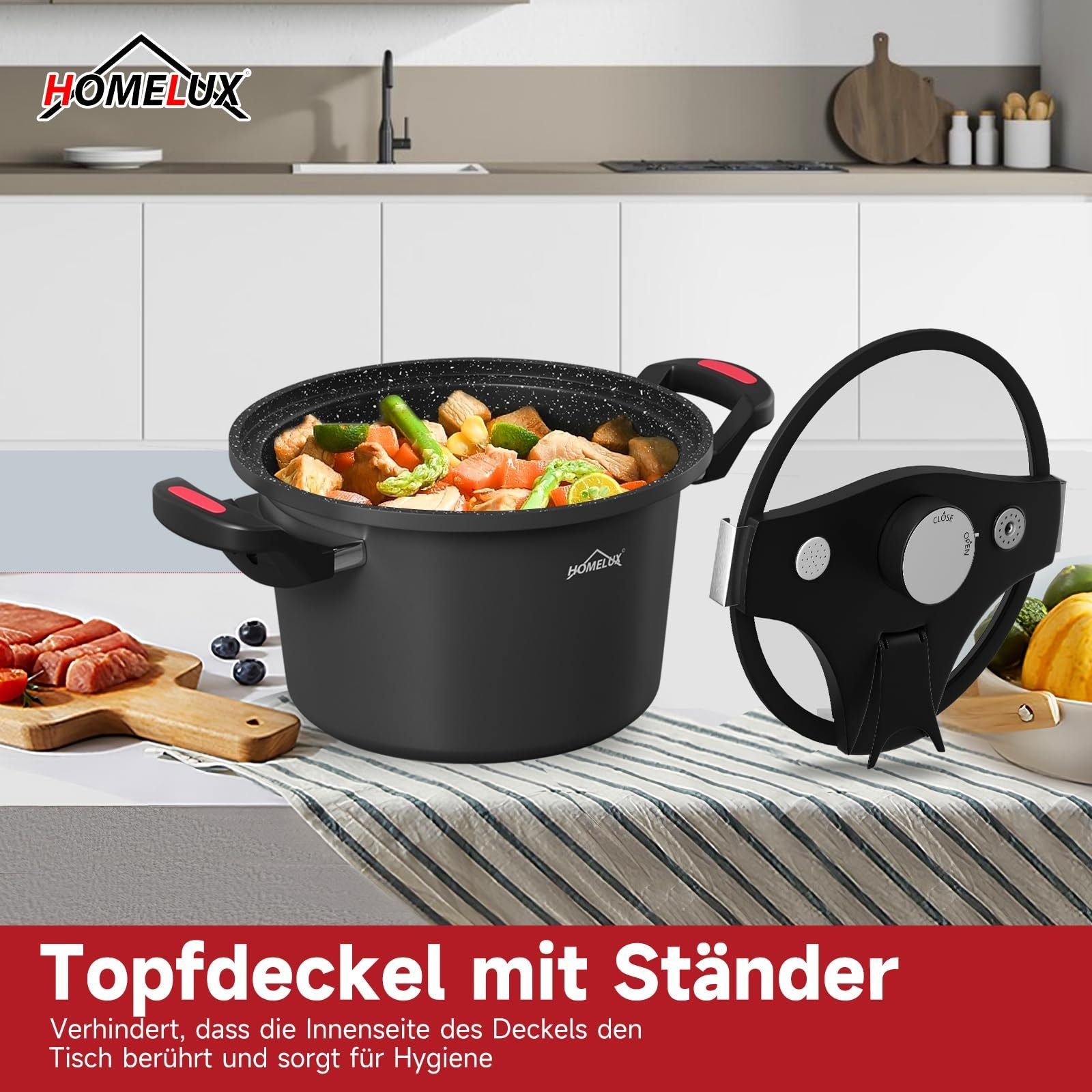 HOMELUX Schnellkochtopf Energiespartopf Ø 24 cm Kochtopf mit Niederdruck 5,5L Topf, Aluminium (Geeignet für alle Herdarten, Energieeffizient&schnell), induktionsgeeignet