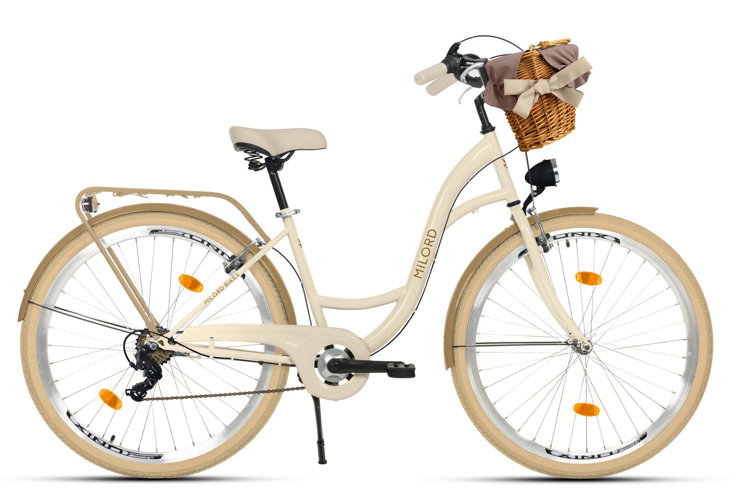 MILORD BIKES Cityrad Milord City Fahrrad Weidenkorb Damen, 28/26 Zoll, Creme-Braun, 7-Gang, 7 Gang Shimano, Kettenschaltung
