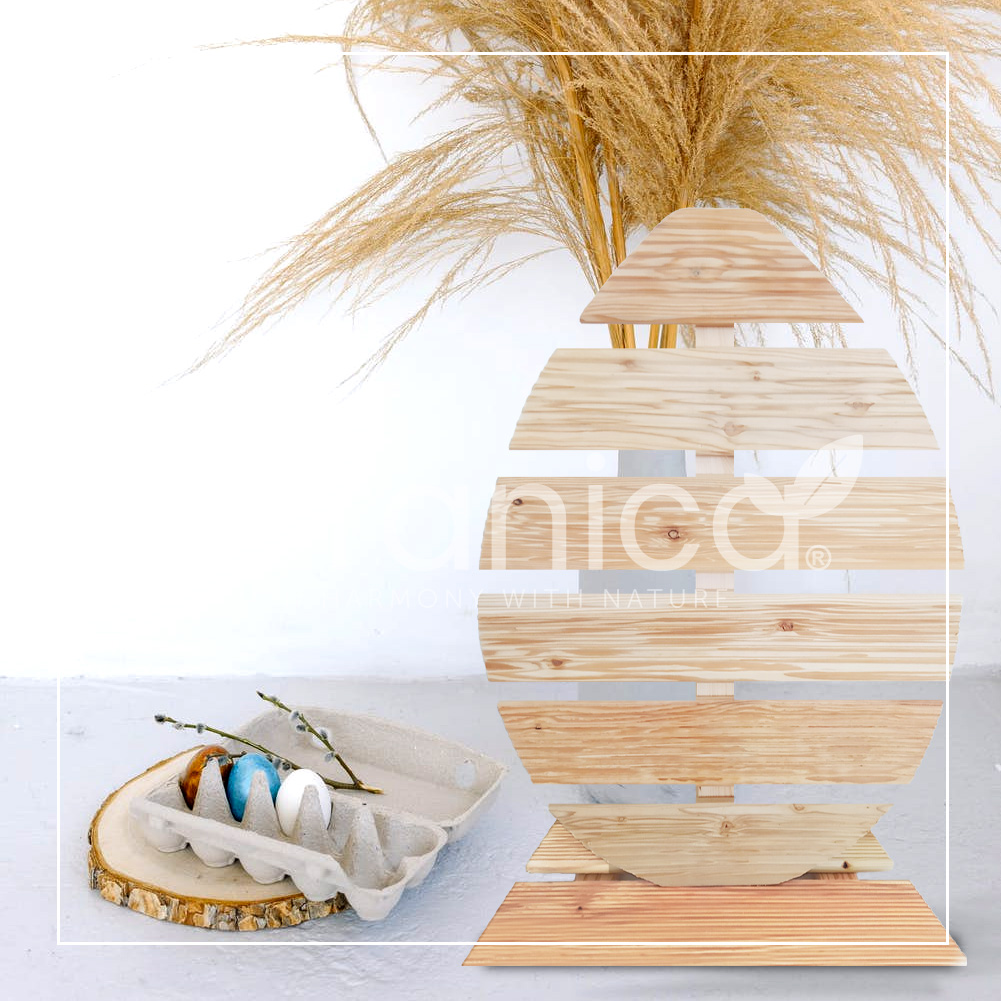 Pemicont Floranica Holz Osterei Osterdeko Lärchenholz Höhe 68cm Breite 46cm Natur Osterdekoration modernes Design Kunsthandwerk osterdeko osterhasen tischdeko