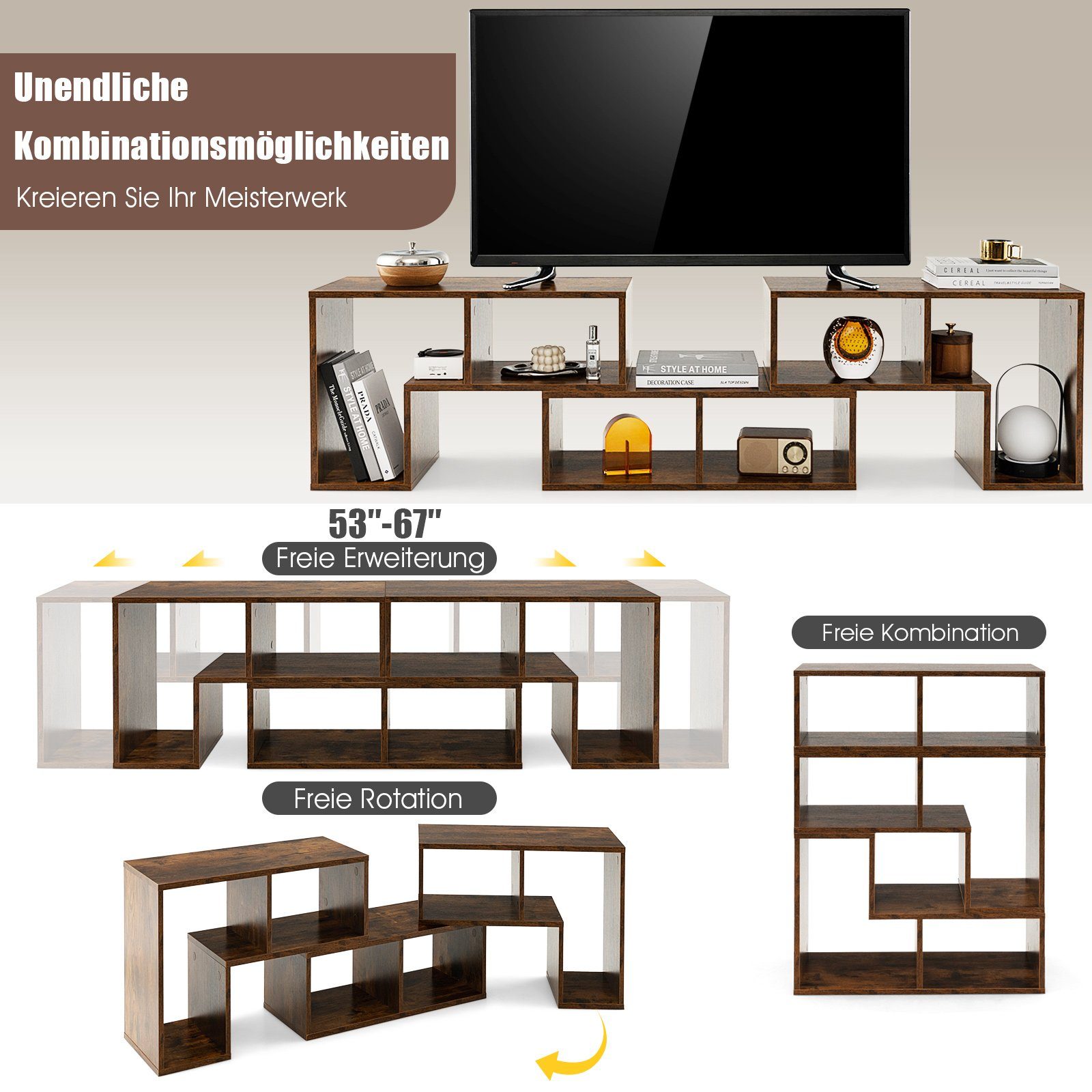 COSTWAY TV-Schrank Lowboard 3-teilig, Frei Kombinierbar, für TVs bis zu 65