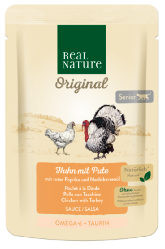 REAL NATURE Nassfutter REAL NATURE Original Senior 12x85g Huhn mit Pute, roter Paprika und Nachtkerzenöl, in Sauce