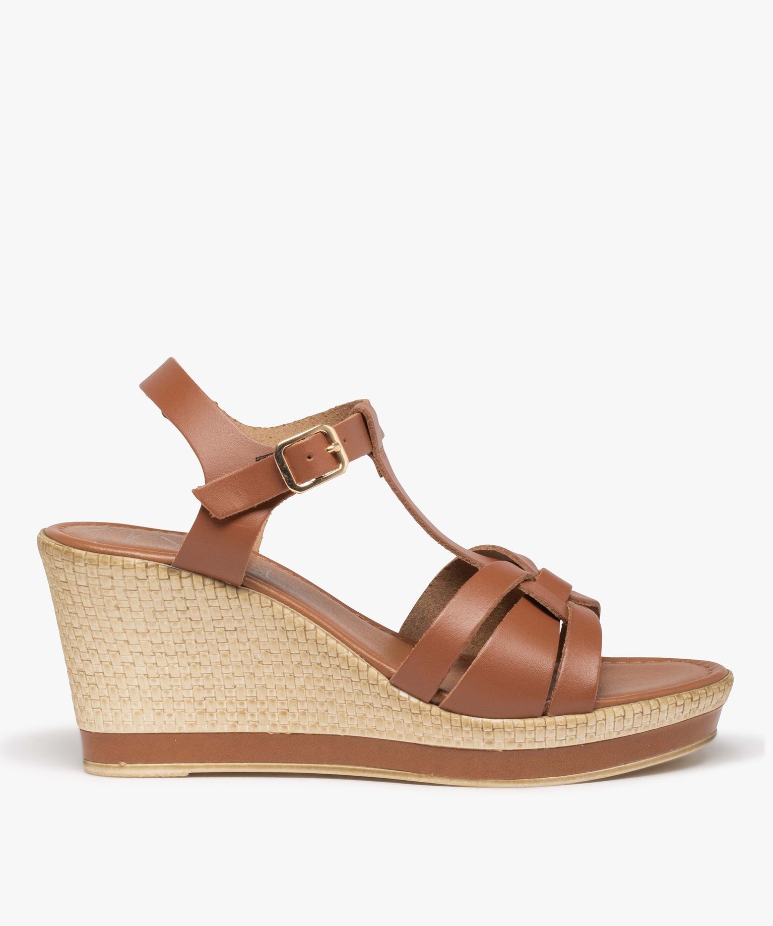 Sandales femme compensées dessus cuir uni - Tanéo camel | GEMO