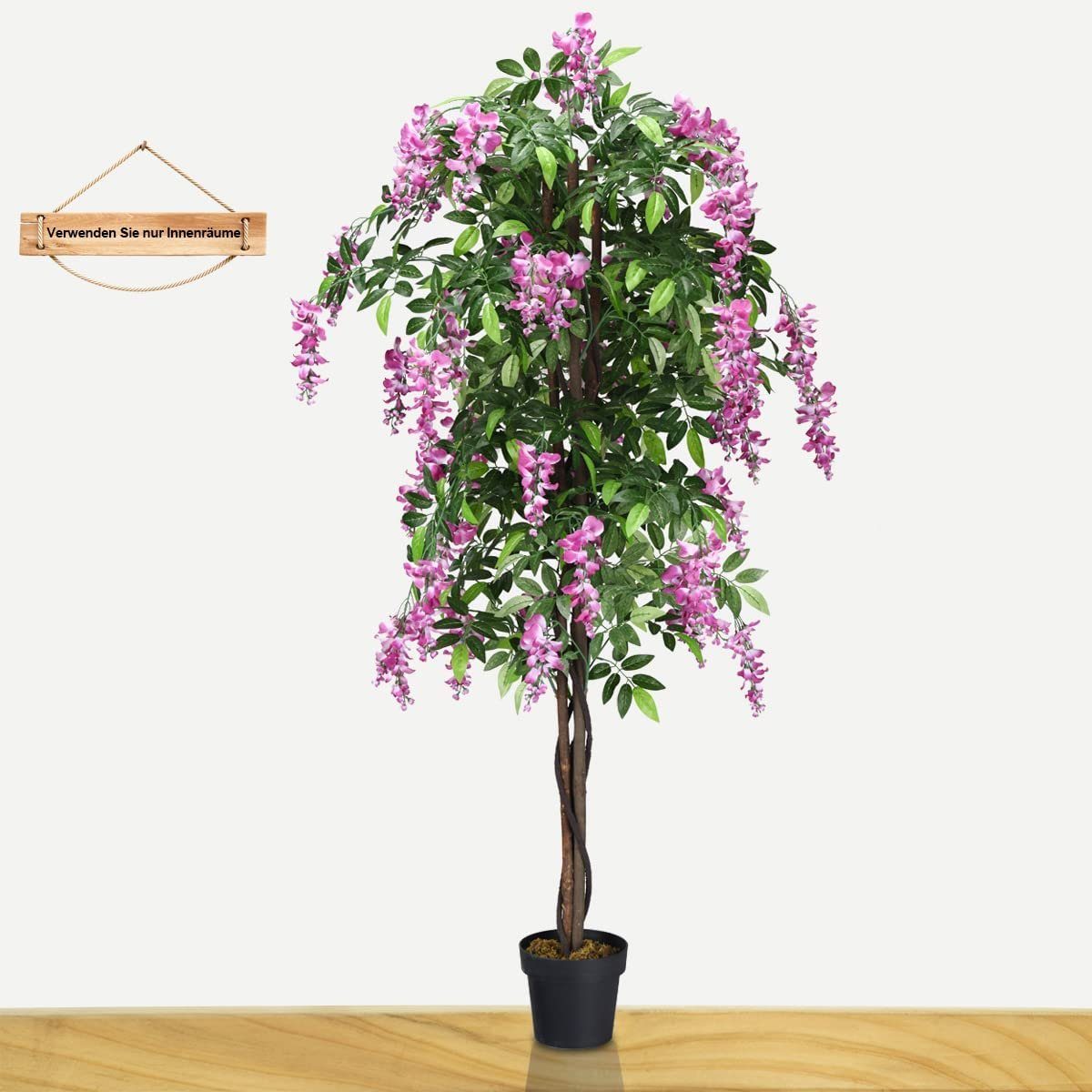 Kunstbaum, COSTWAY, Höhe 180 cm, mit Blüten und Töpf, Blättern & 2 Stämmen