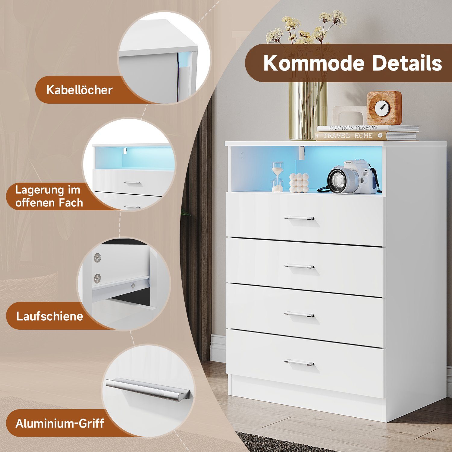 SONNI Kommode kommode Weiß,4 schubladen und offene Fächer, 60x40x83cm, Schlafzimmer Flur, Schrank, Sideboard, Highboard, mit led beleuchtung