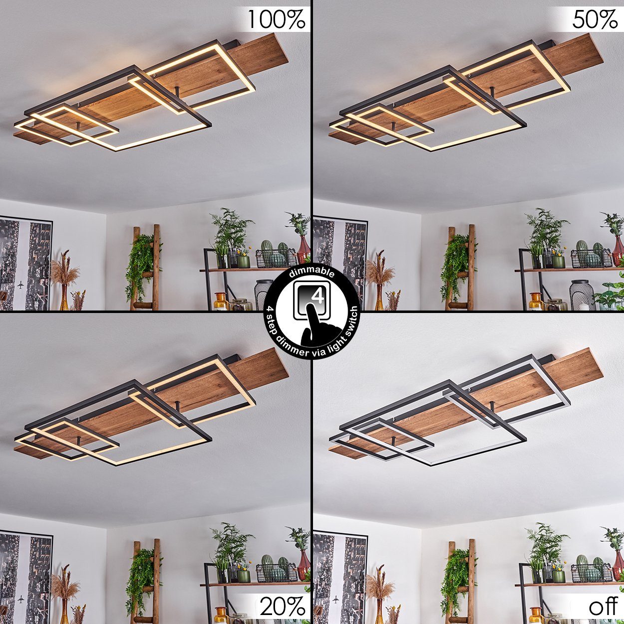hofstein Deckenleuchte Palermo dimmbare Deckenlampe aus Metall/Holz, 3000 Kelvin