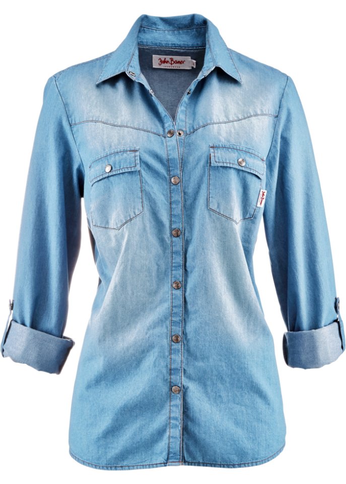 Jeansbluse mit Druckknöpfen, Langarm