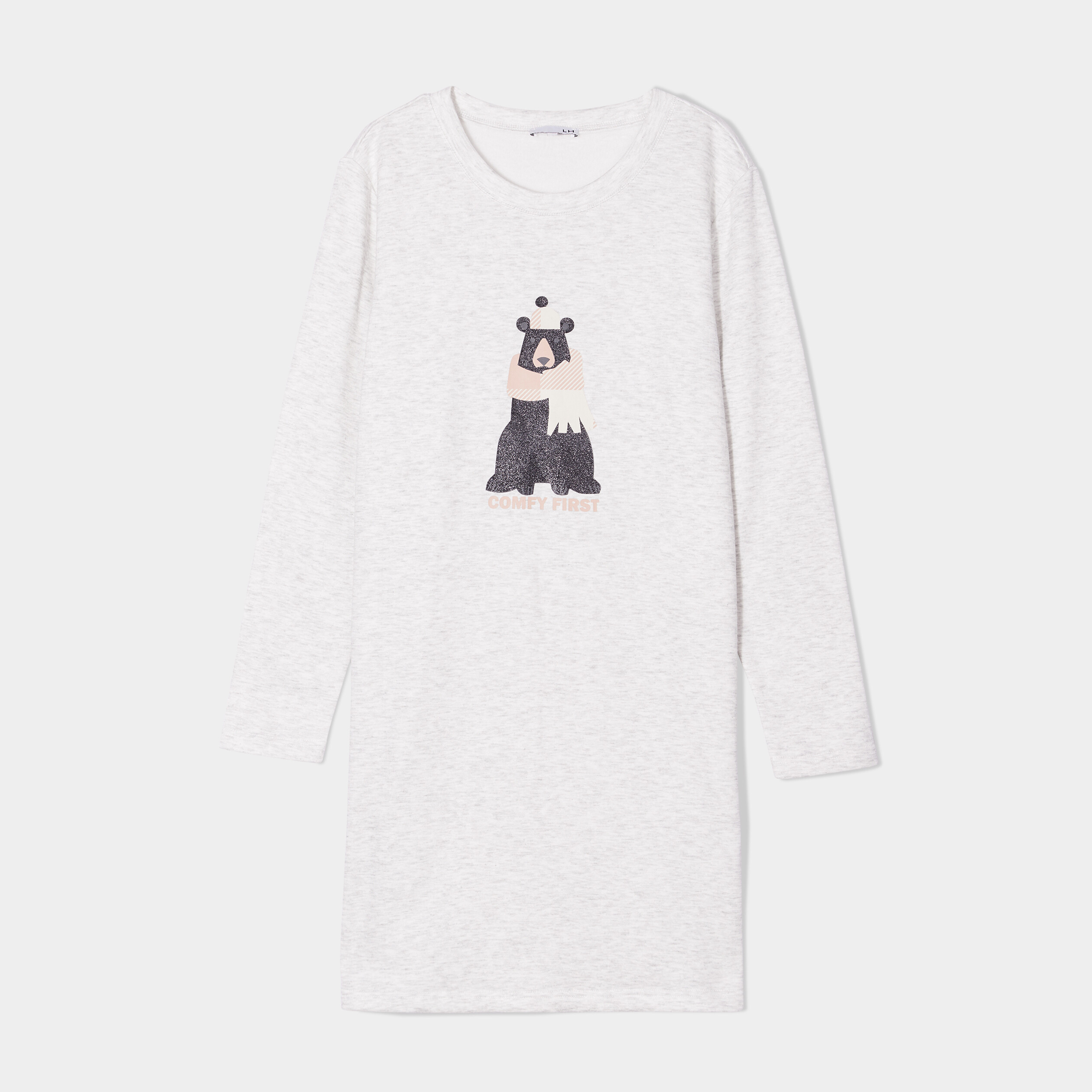 Chemise de nuit t-shirt manches longues gris clair femme | La Halle