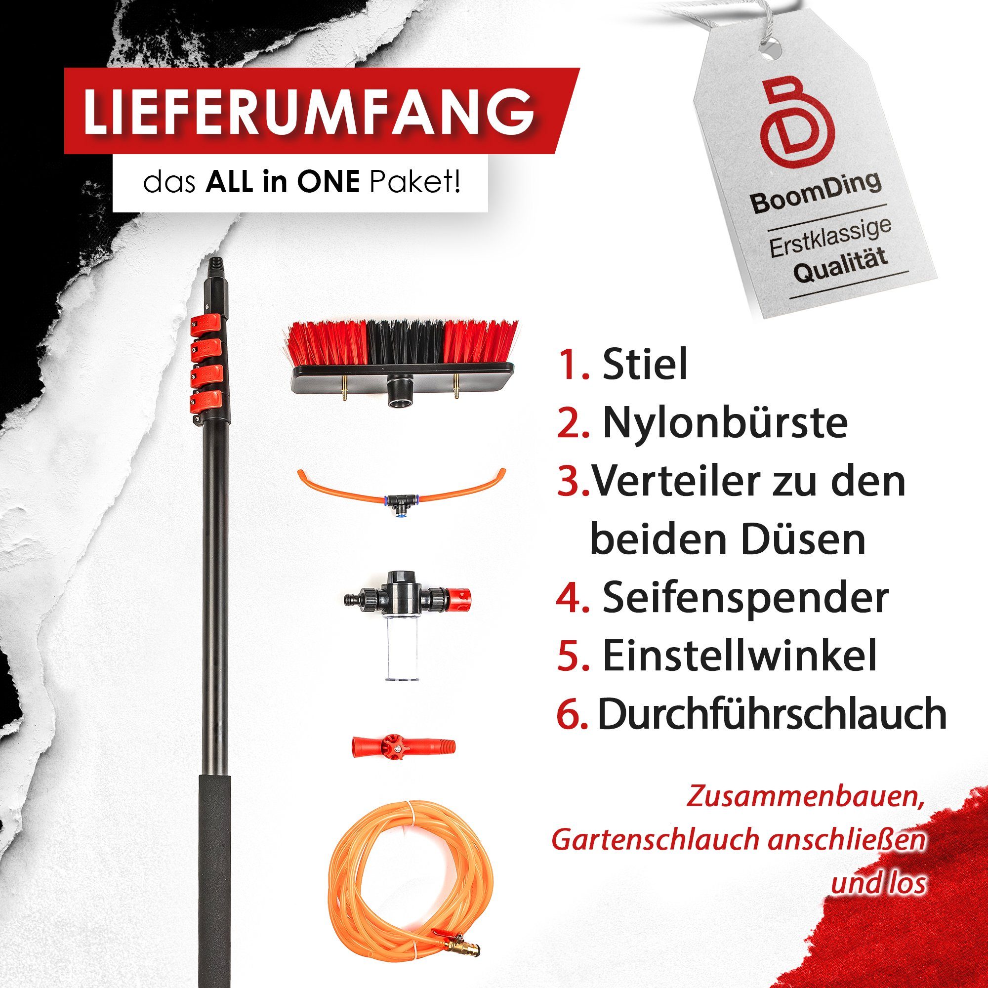 BoomDing Reinigungsbürste Teleskopstange mit Wasseranschluss 4,6 oder 7 Meter mit Bürste, Reinigung von, PV Anlage, Wintergarten, Terrasse, Solaranlage, Photovoltaik, (Solaranlage reinigen), Innenliegender Schlauch