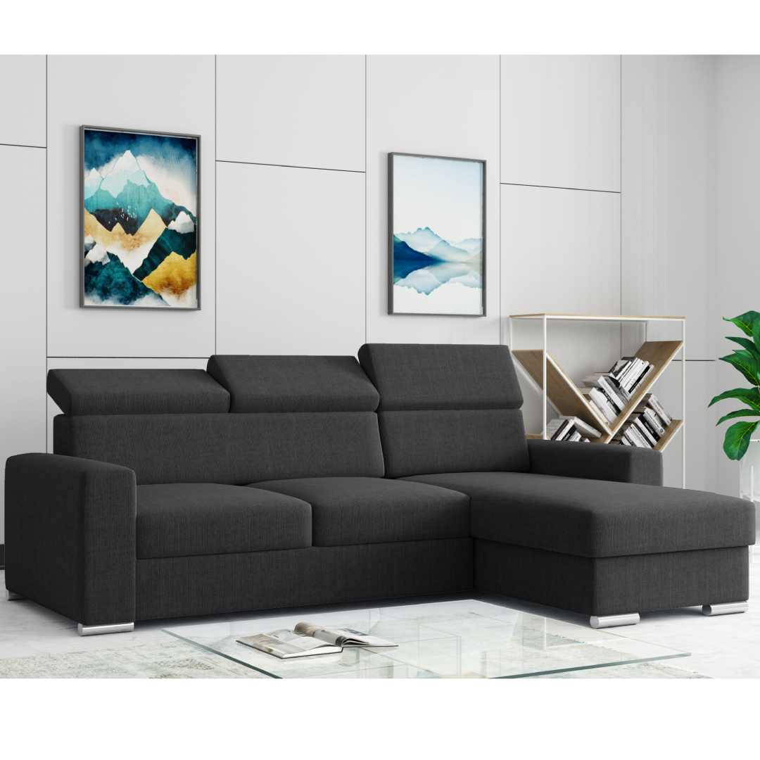 Möbel Punkt Ecksofa TOKIO Webstoff Anthrazit Schwarz mit Bett und Bettkasten Sofa Schlafsofa Wohnlandschaft Polstergarnitur