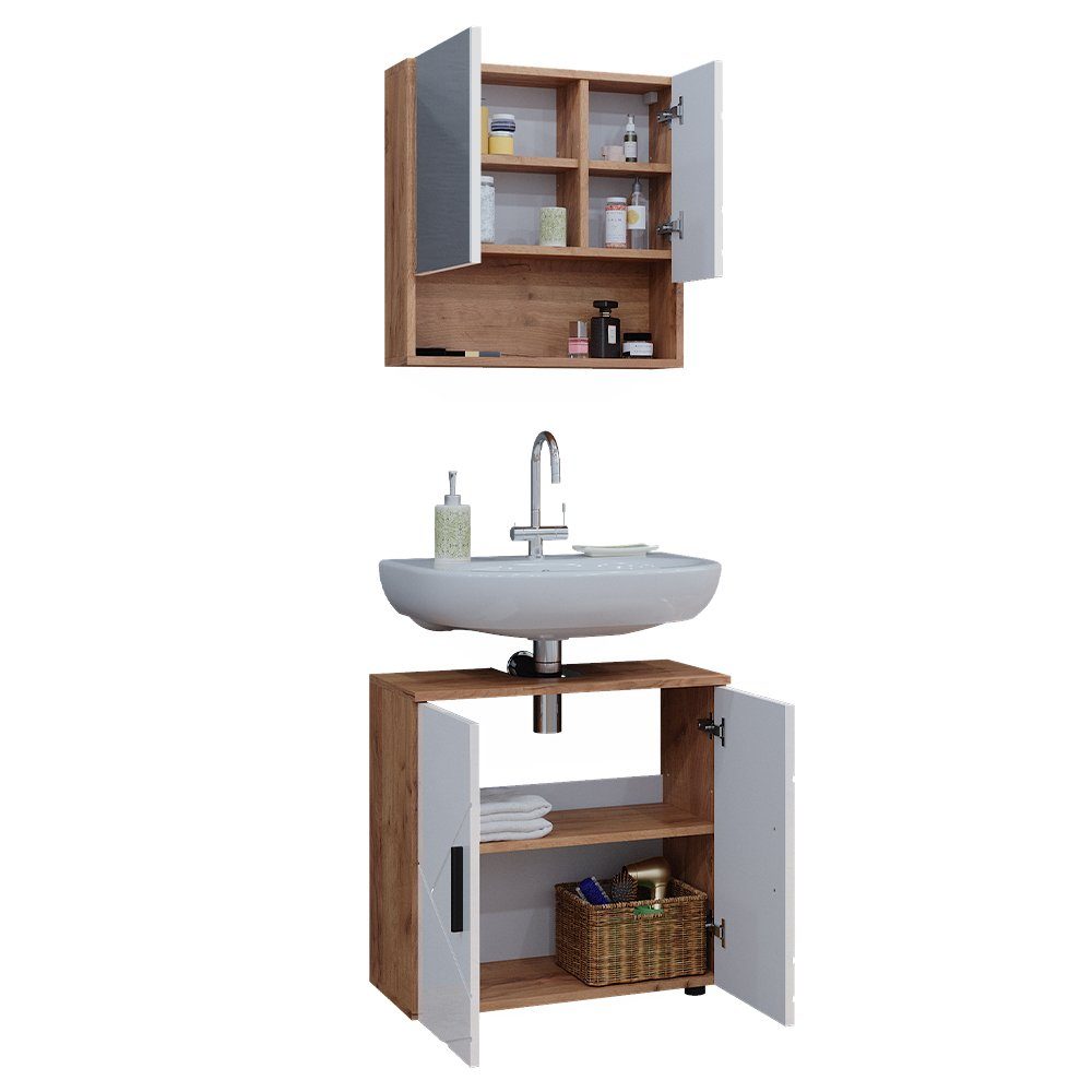 Vicco Badmöbel-Set Badezimmerschrank-Set IRMA Goldkraft-Eiche/Weiß Hochglanz, (2-St., 2-er Set)