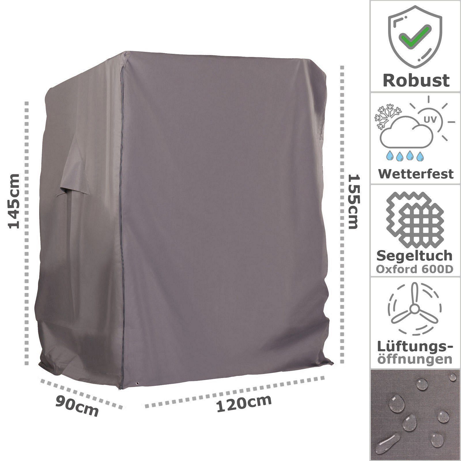 Strandkorb Hanse Strandkorb-Schutzhülle Premium Abdeckhaube in grau, 600D Gewebe, winterfest, Segeltuch-Qualität, UV-beständig, wasserfest