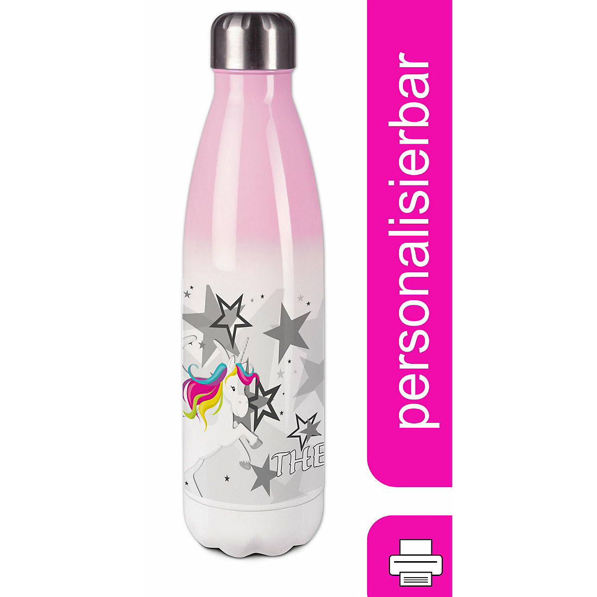 Edelstahl Kinder Thermoflasche / Trinkflasche bunt Pegasus Sterne Farbe grau Spülmaschinenfest, Auslaufsicher, Bruchfest, Doppelwandig, Für Heißgetränke geeignet, Mit Deckel, Isoliert