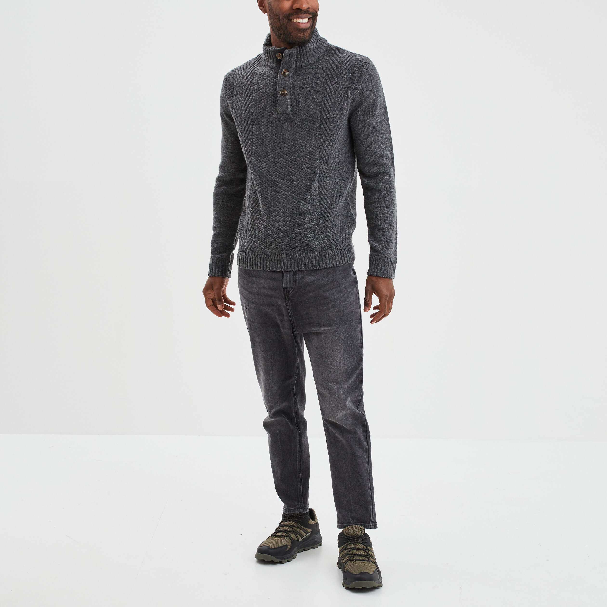 Pull camionneur boutonné gris foncé homme | La Halle