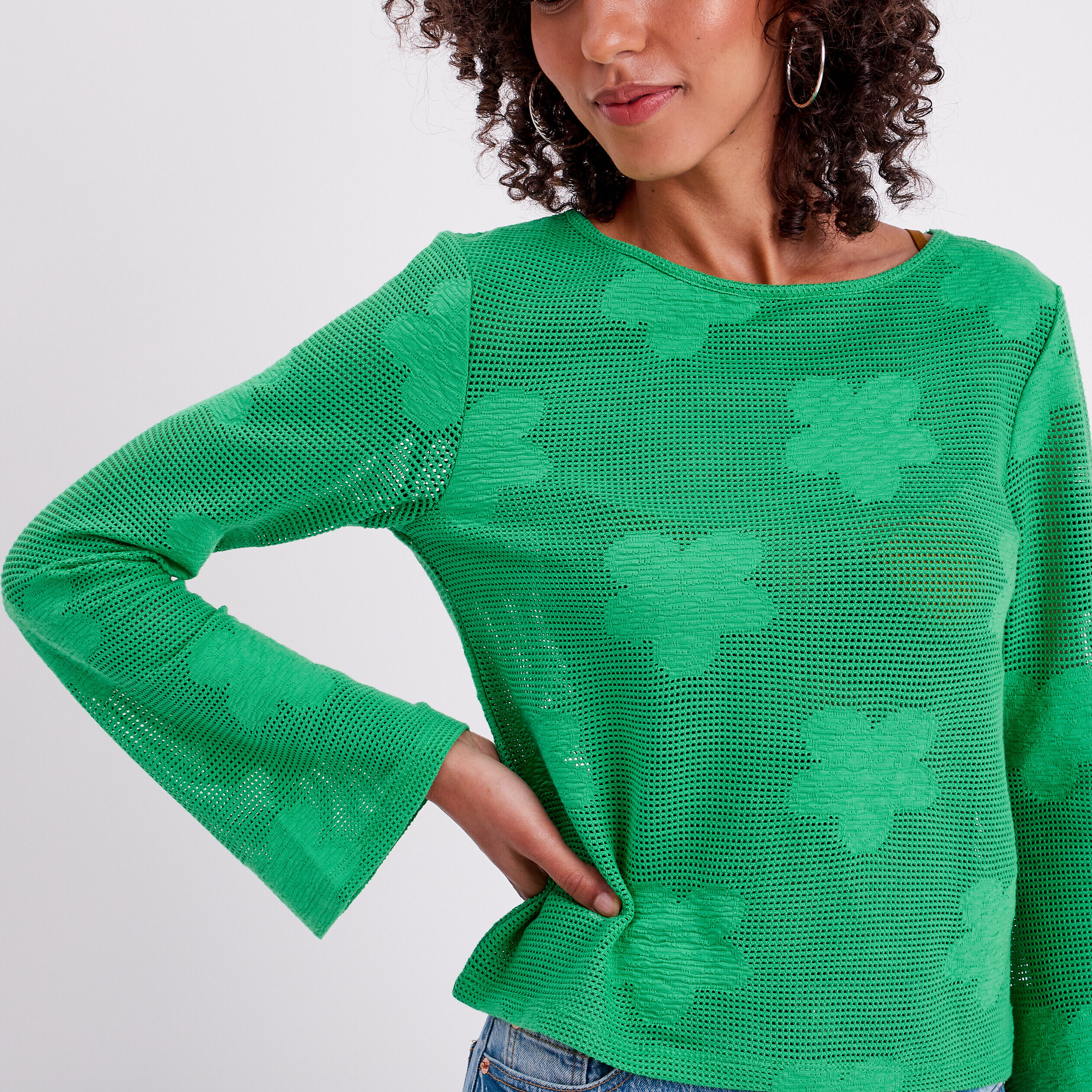 T-shirt crochet manches pagode vert femme | Cache Cache