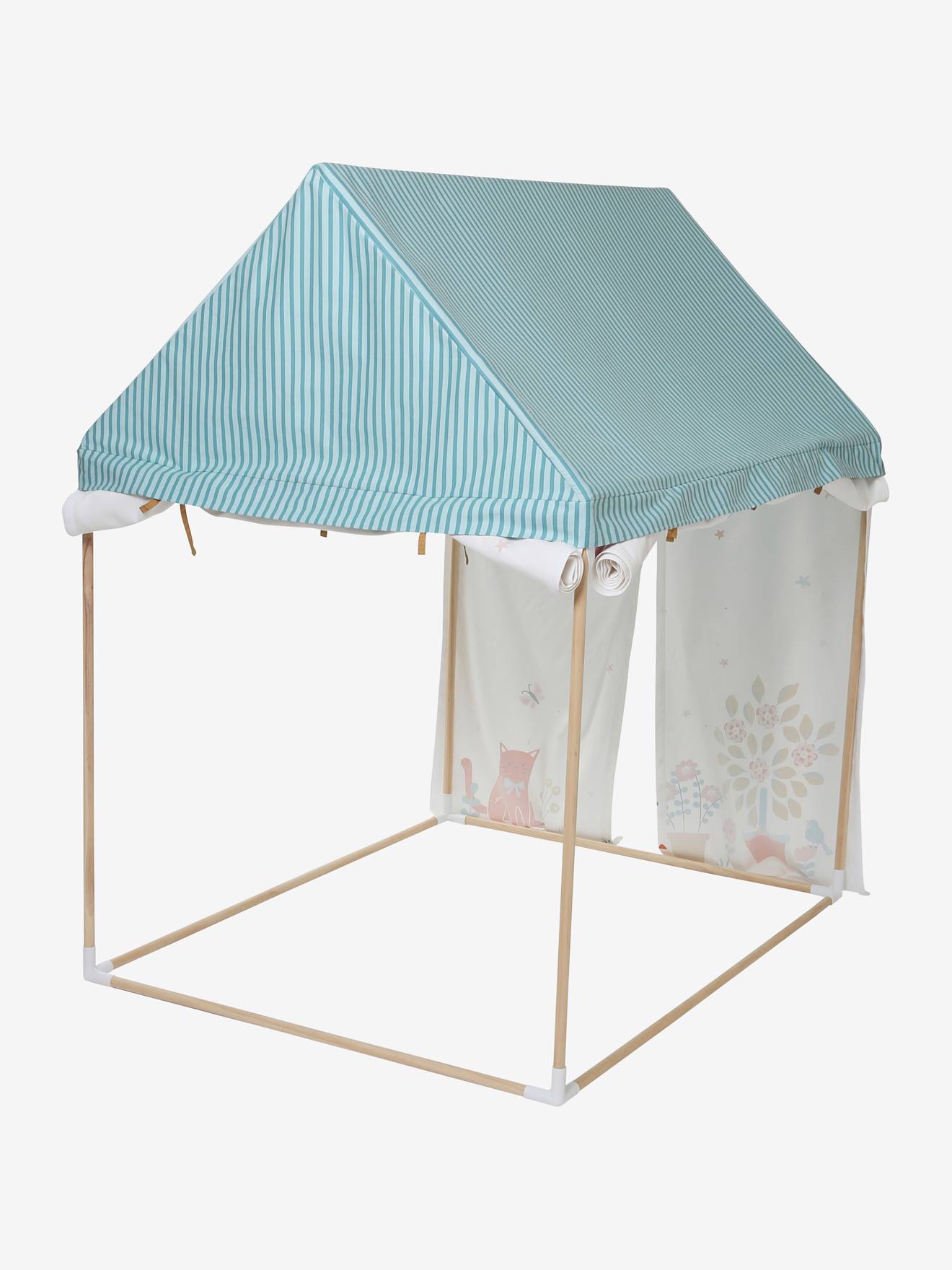 Vertbaudet Kinder Spielzelt, Spielhaus aus Baumwollstoff/Holzstangen - blau/mehrfarbig bedruckt