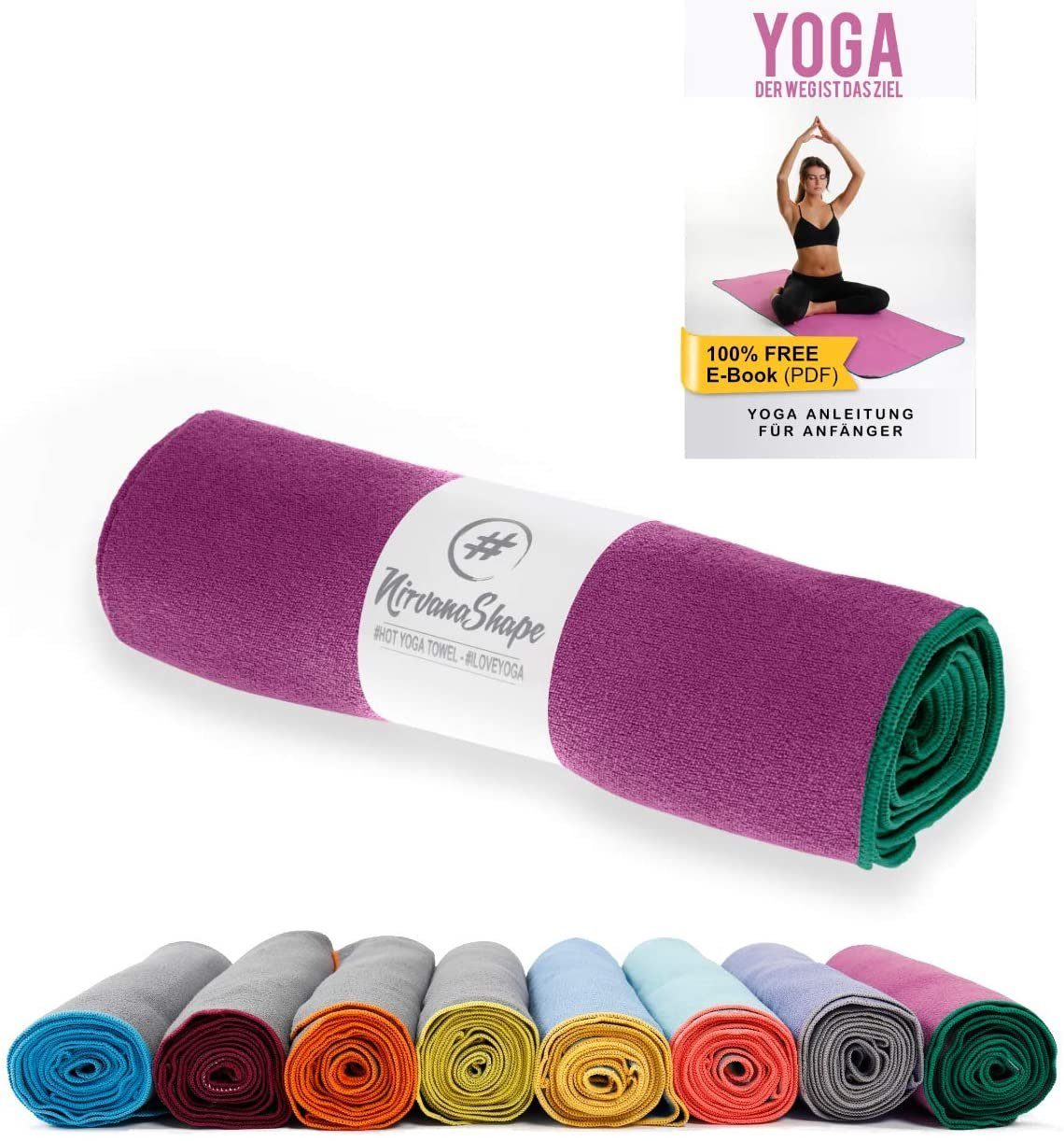 NirvanaShape Sporthandtuch Yoga Handtuch mit Antirutsch-Noppen, Yogatuch-Auflage für Yogamatte, Microfaser, +Yoga Einführungs eBook, Yogatuch-Auflage Saugstark, Hygienisch