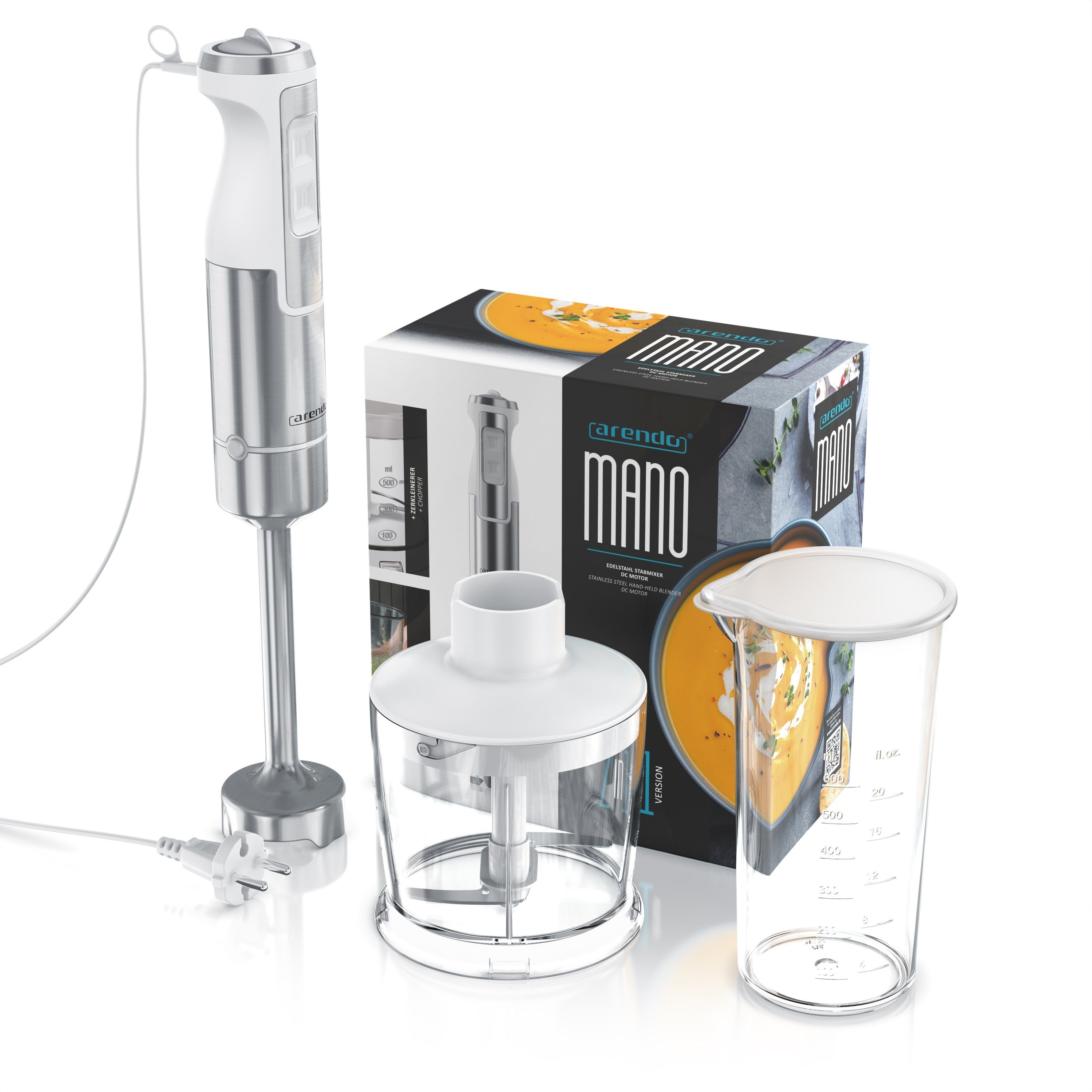 Arendo Stabmixer, 1000 W, Pürierstab Set mit Zerkleinerer & Messbecher, Edelstahl