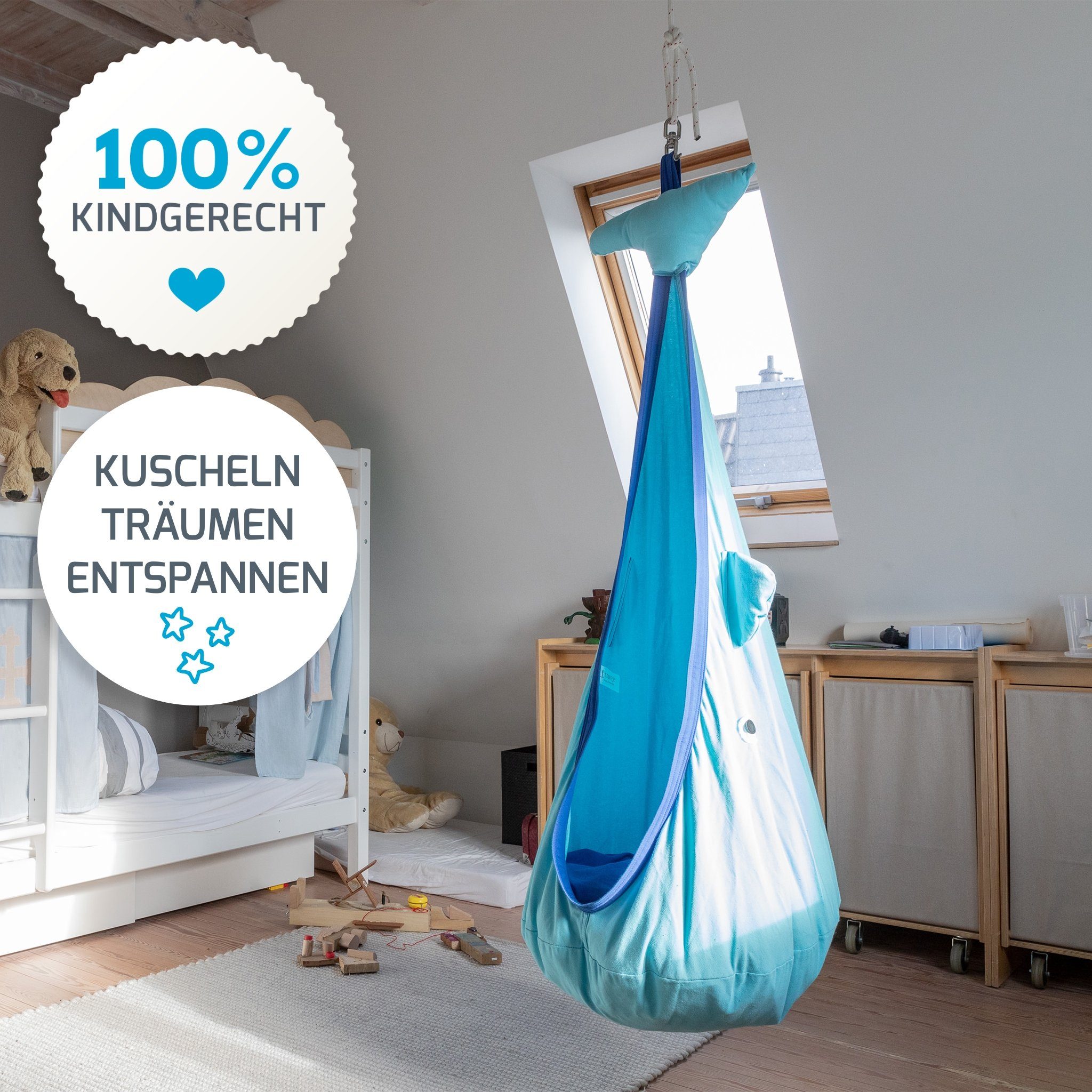 snuutje Familiensachen Hängehöhle Hängesessel für Kinderzimmer indoor (2 Sitzkissen), Hängehöhle ab 3 Jahre, Wal, Pinguin, Einhorn, 100% Baumwolle, bis 80kg