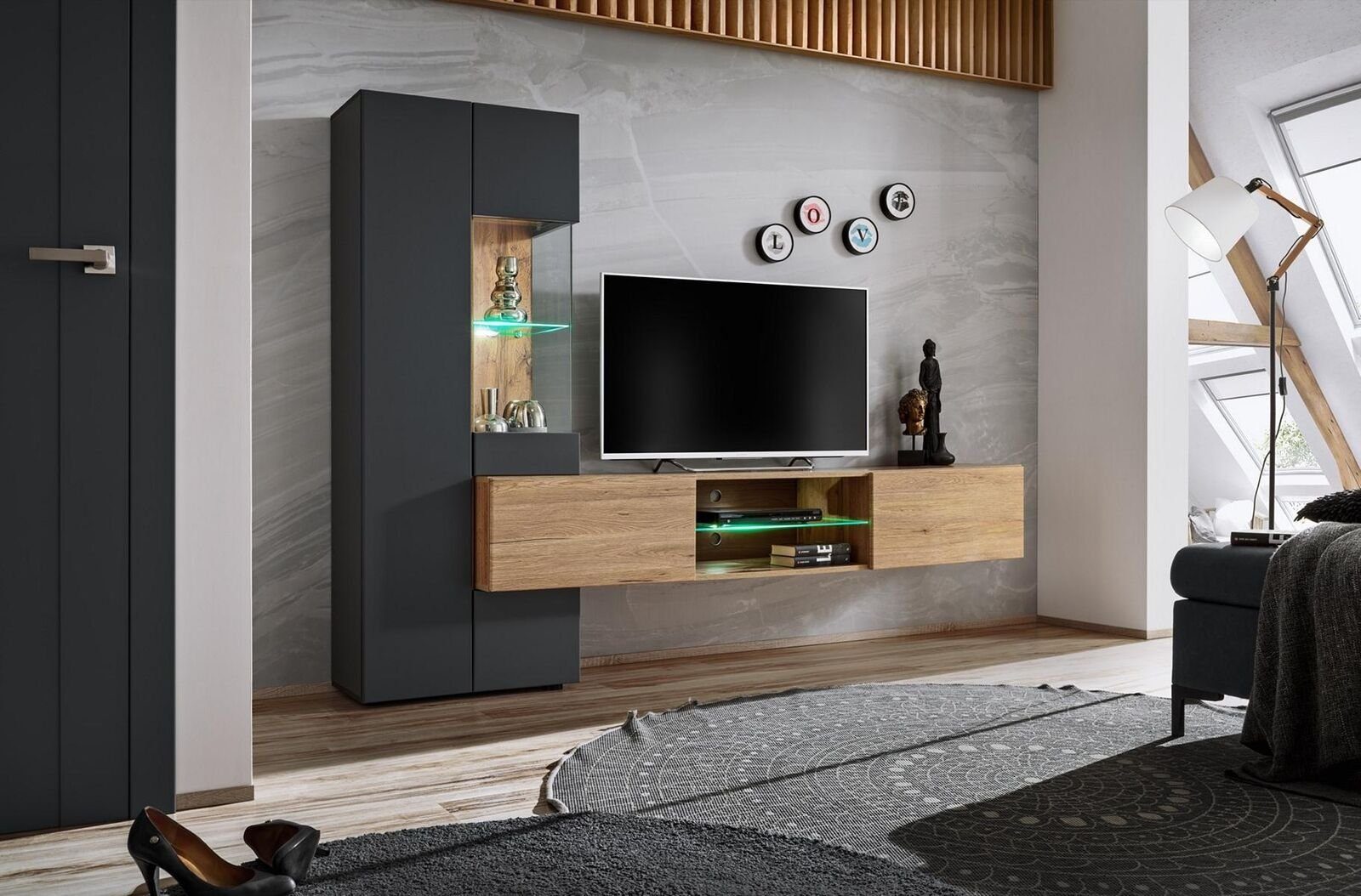 JVmoebel Wohnwand Grau Luxus Designer Regal Neu Einrichtung, Made in Europa