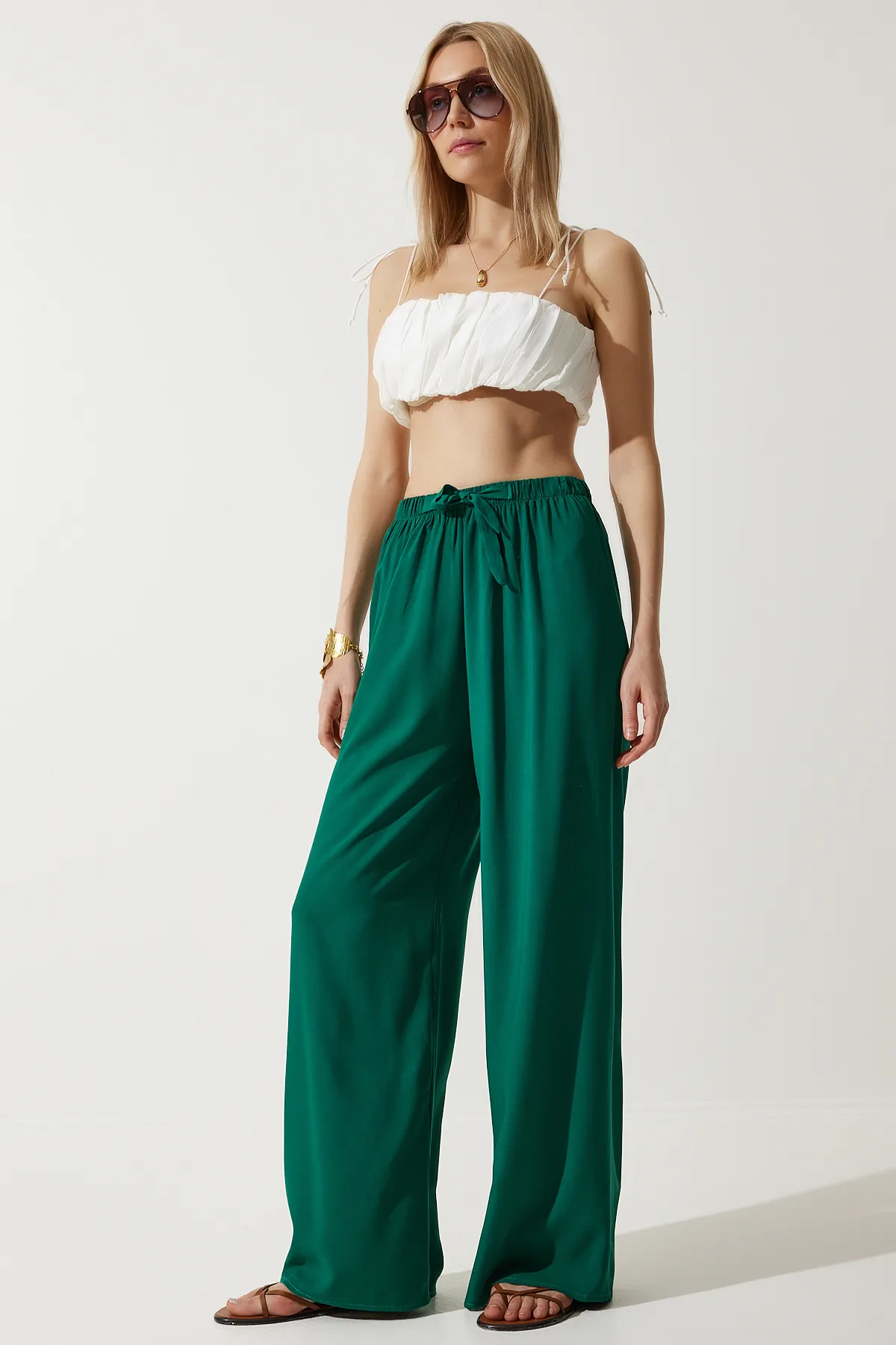 Happiness İstanbul  Dunkelgrüne Palazzo-Hose aus Viskose für Damen BH00322