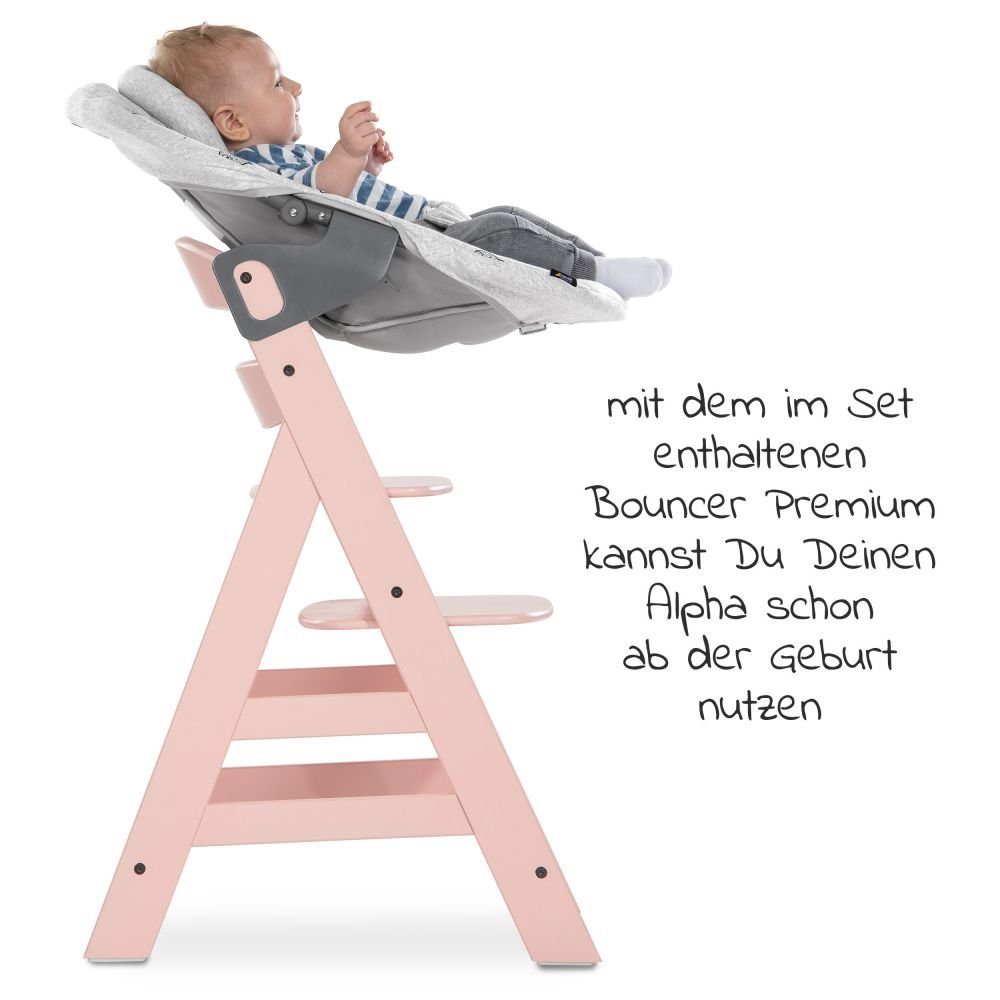 Hauck Hochstuhl Alpha Plus Rose Newborn Set (Set, 4 St), Holz Babystuhl ab Geburt inkl. Aufsatz für Neugeborene & Sitzauflage