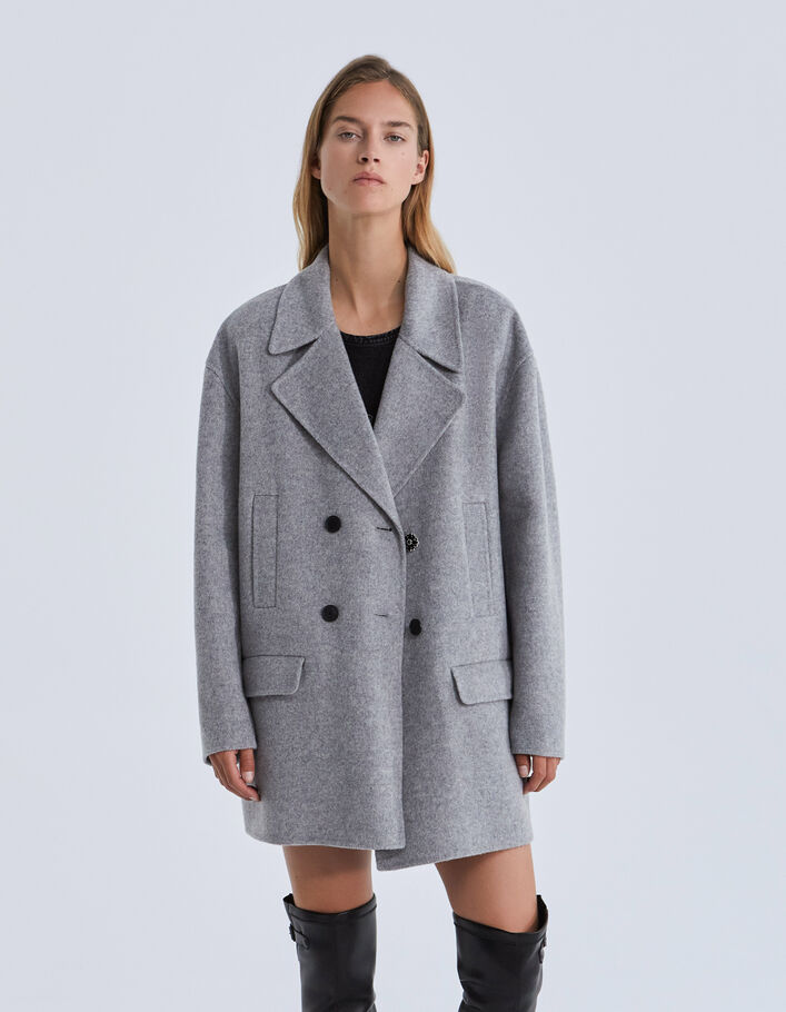 Manteau gris mi-long avec bijou strass Femme