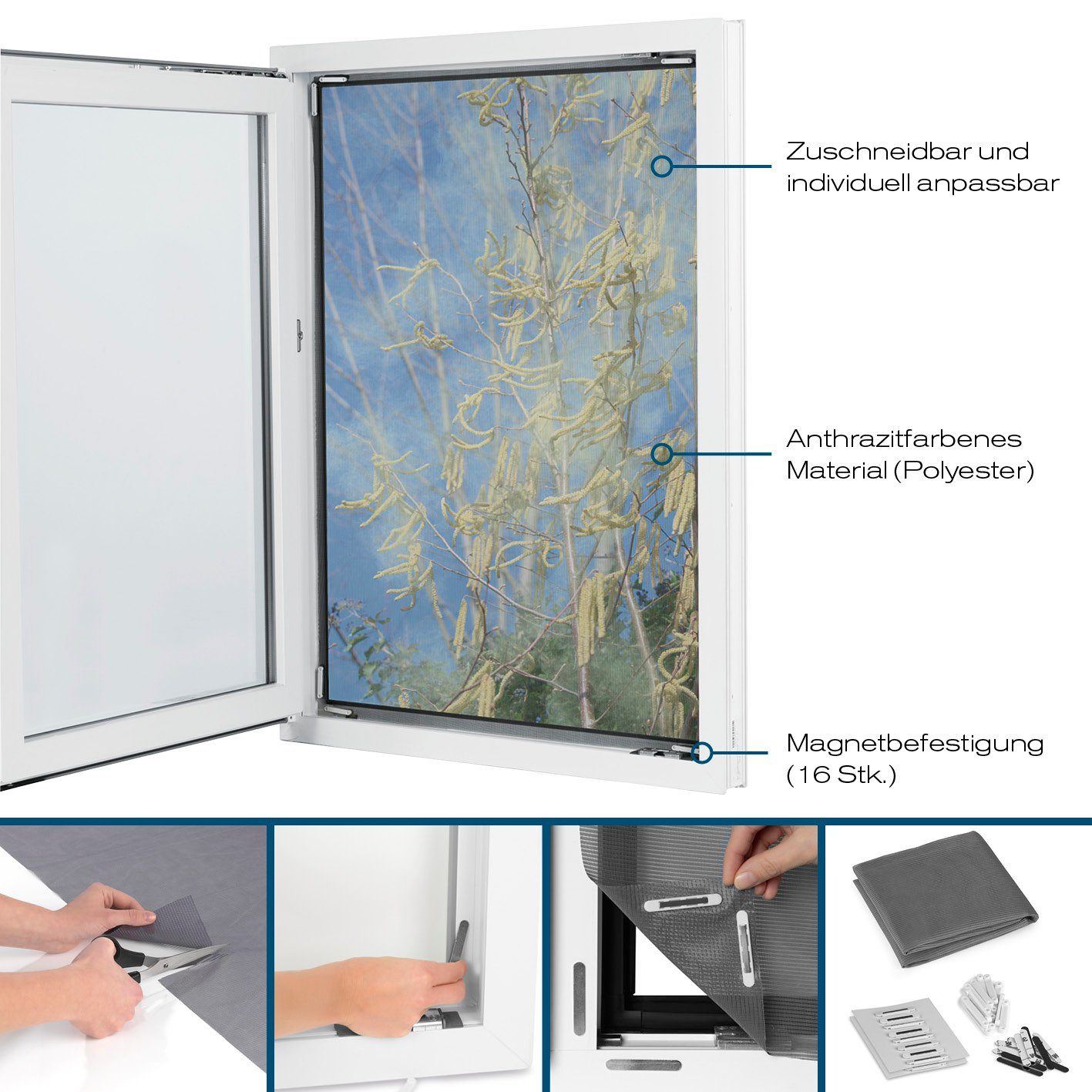 Hoberg Insektenschutz-Fensterrahmen Fliegengitter Moskitonetz inkl. Pollenschutz 150x130cm, zuschneidbar & magnetisch