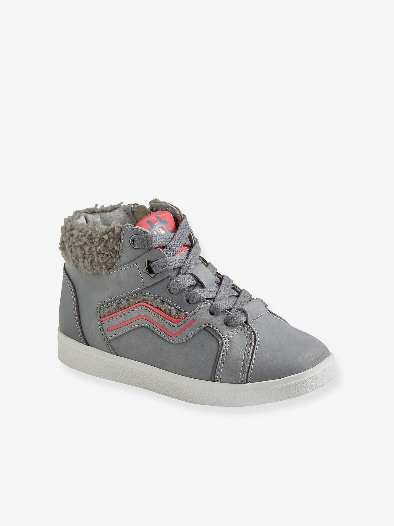 Baskets montantes zippées + lacets fille en cuir gris