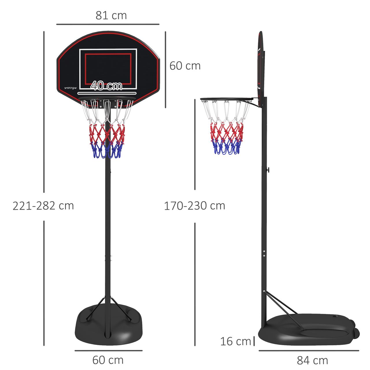 SPORTNOW SPORTNOW Basketballständer 221-282cm Höhenverstellbar Basketballkorb mit Ständer