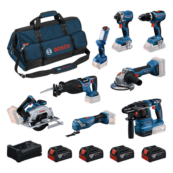 Bosch Blauw 0615V00061 Verktøysett med 8 verktøy 18V GBH 18V-22, GWS 18V-8, GDR 18V-215, GSB 18V-65, GKS 18V-57-2, GSA 18V-28, GOP 18V-34, GLI 18V-300 4x GBA 5,0Ah og lader GAL 12V/18V-80 i verktøyveske