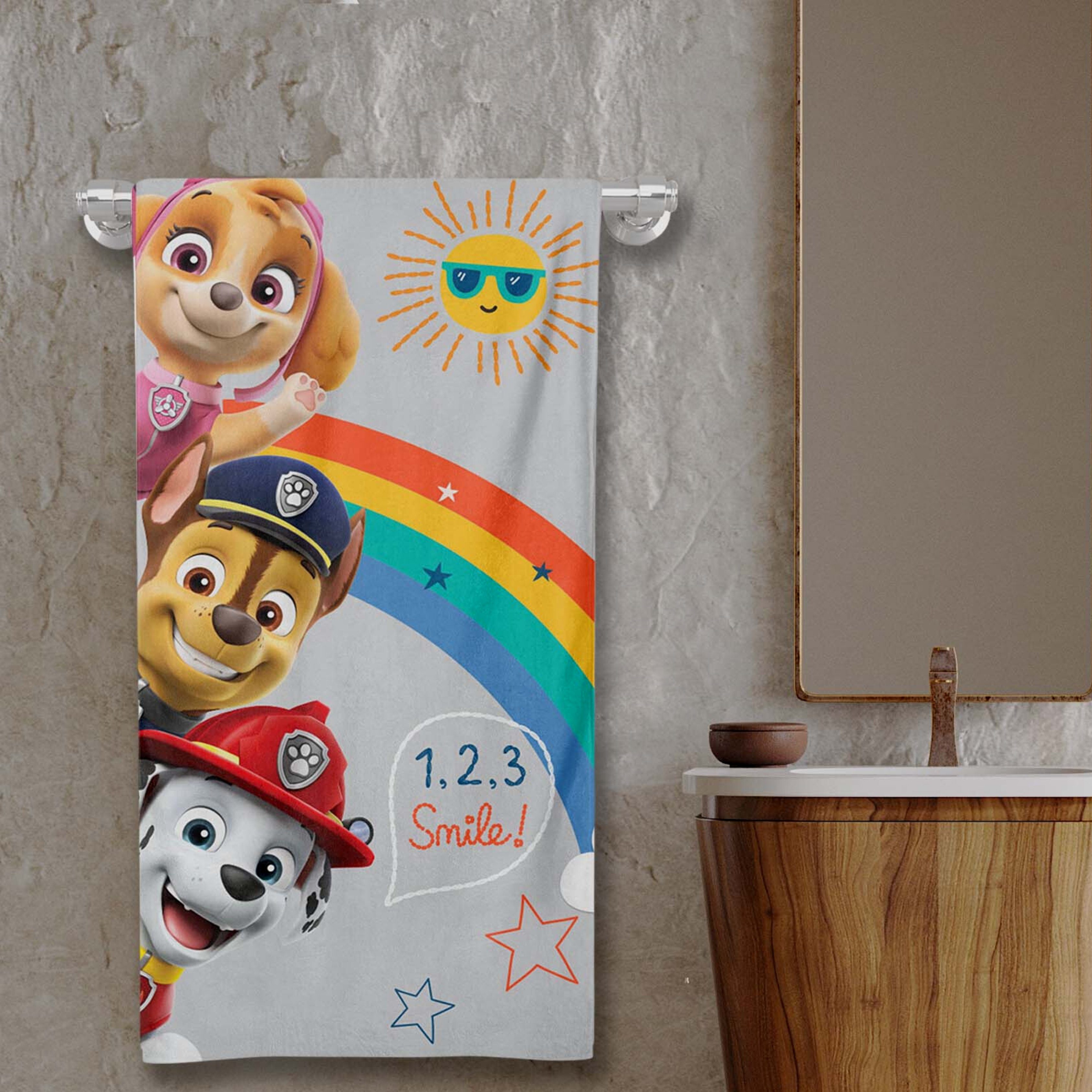 MTOnlinehandel Badetuch Paw Patrol 70x140 cm, 100 %, Baumwolle (1-St), Strandtuch Smile Regenbogen mit Chase, Marshall & Skye für Kinder