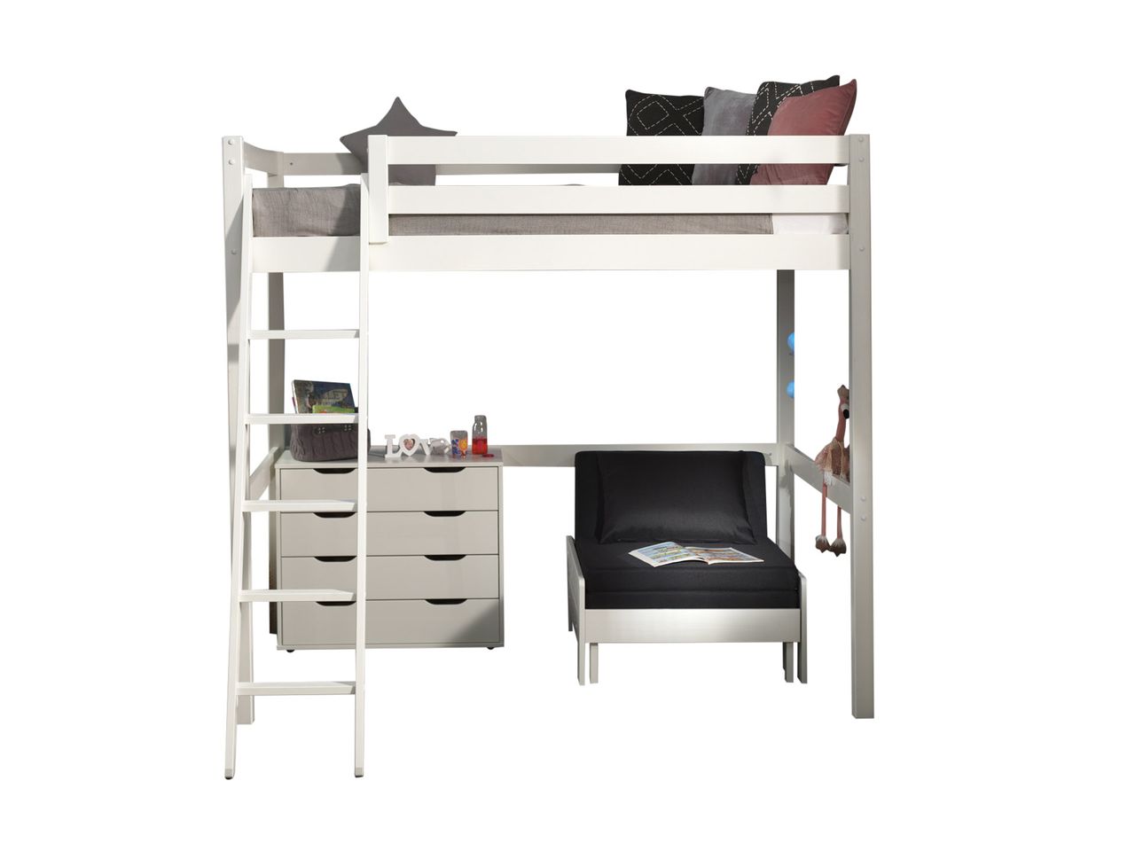 VIPACK Hochbett mit Liegefläche 140 x 200 cm inkl. Sesselbett und Schubladen Kommode
