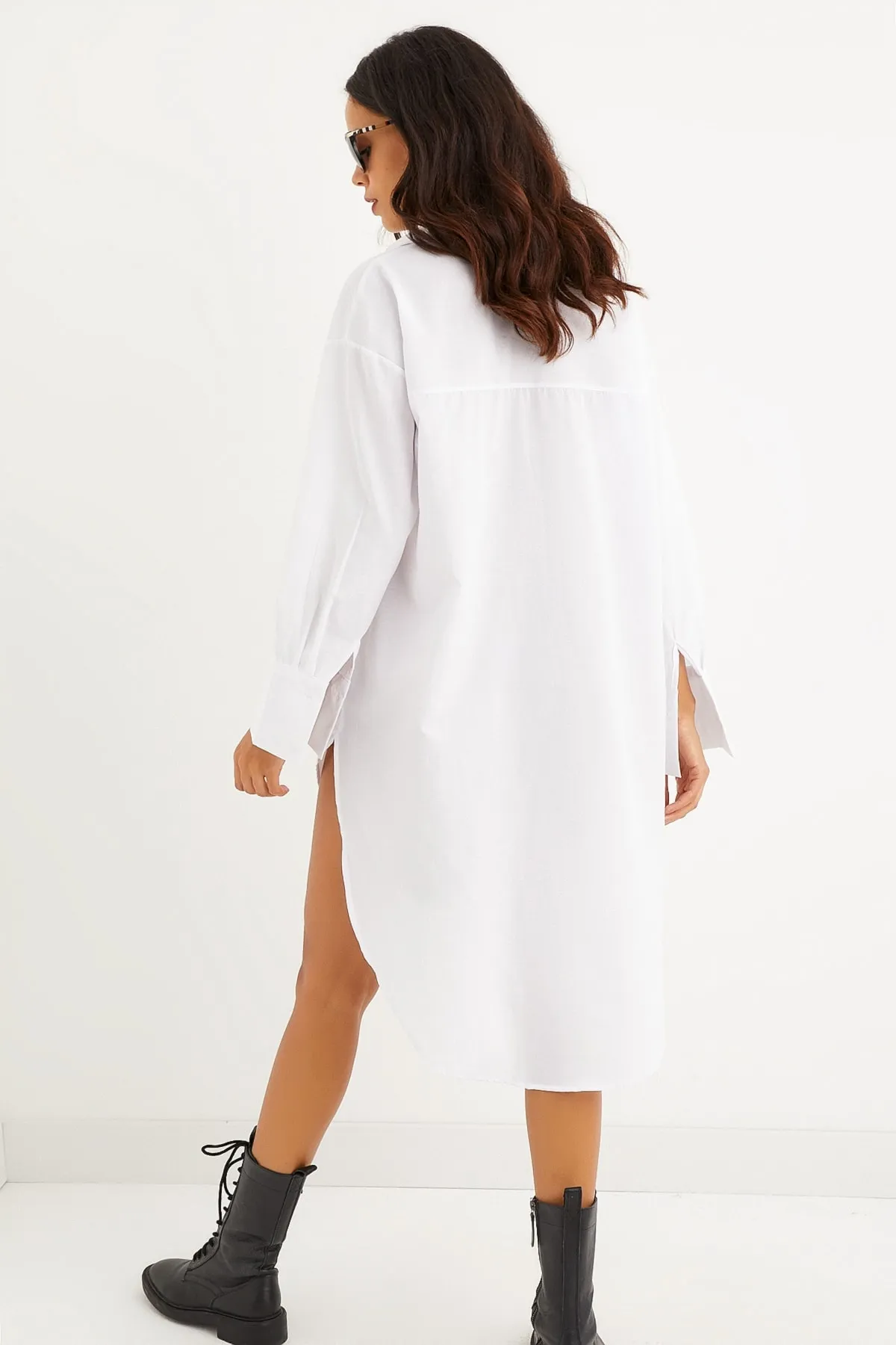 Cool & Sexy  Weißes Tunika-Hemdkleid mit versteckten Knöpfen für Damen SF1292