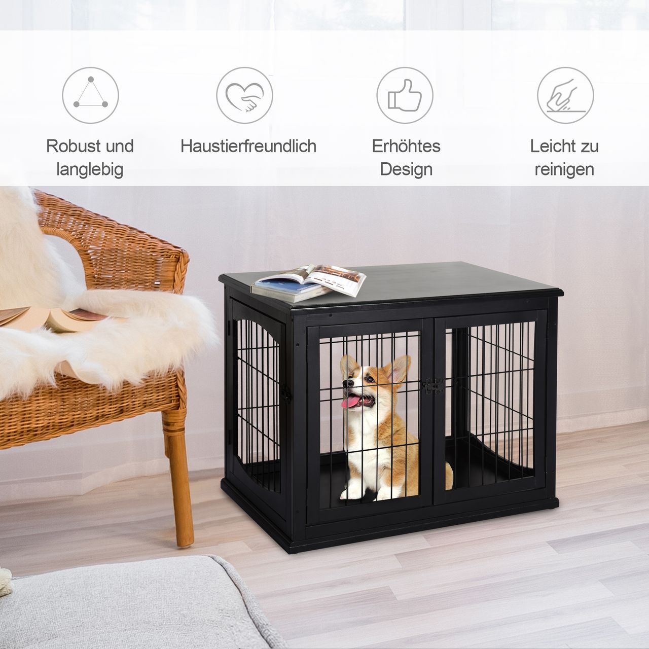 PawHut Hundehütte Hundehaus Transportbox für Innen Hundebox Tierkäfig Schwarz