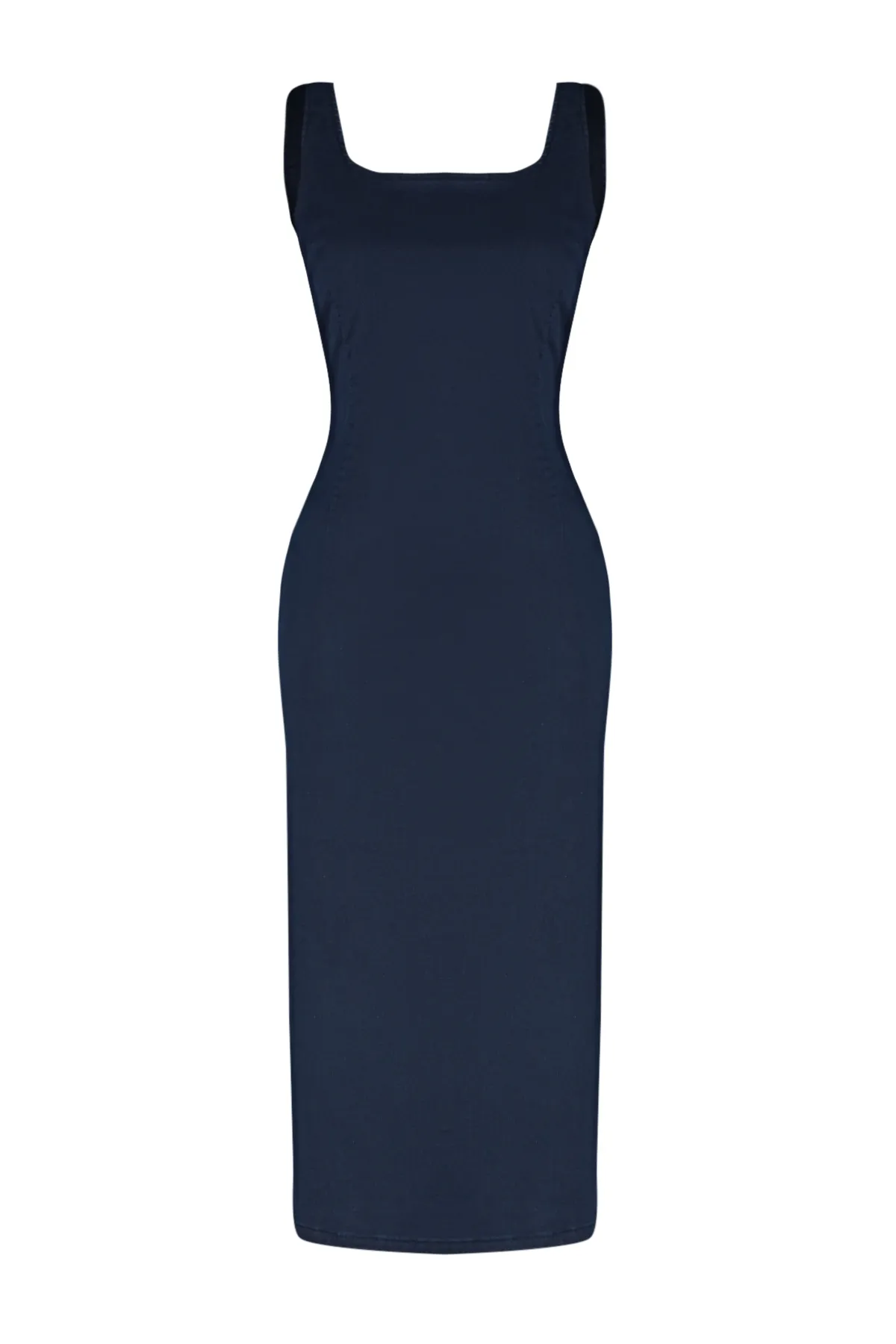 Trendyol Collection  Dunkelblaues Denim-Midikleid mit detaillierten Nähten TWOSS24EL00380