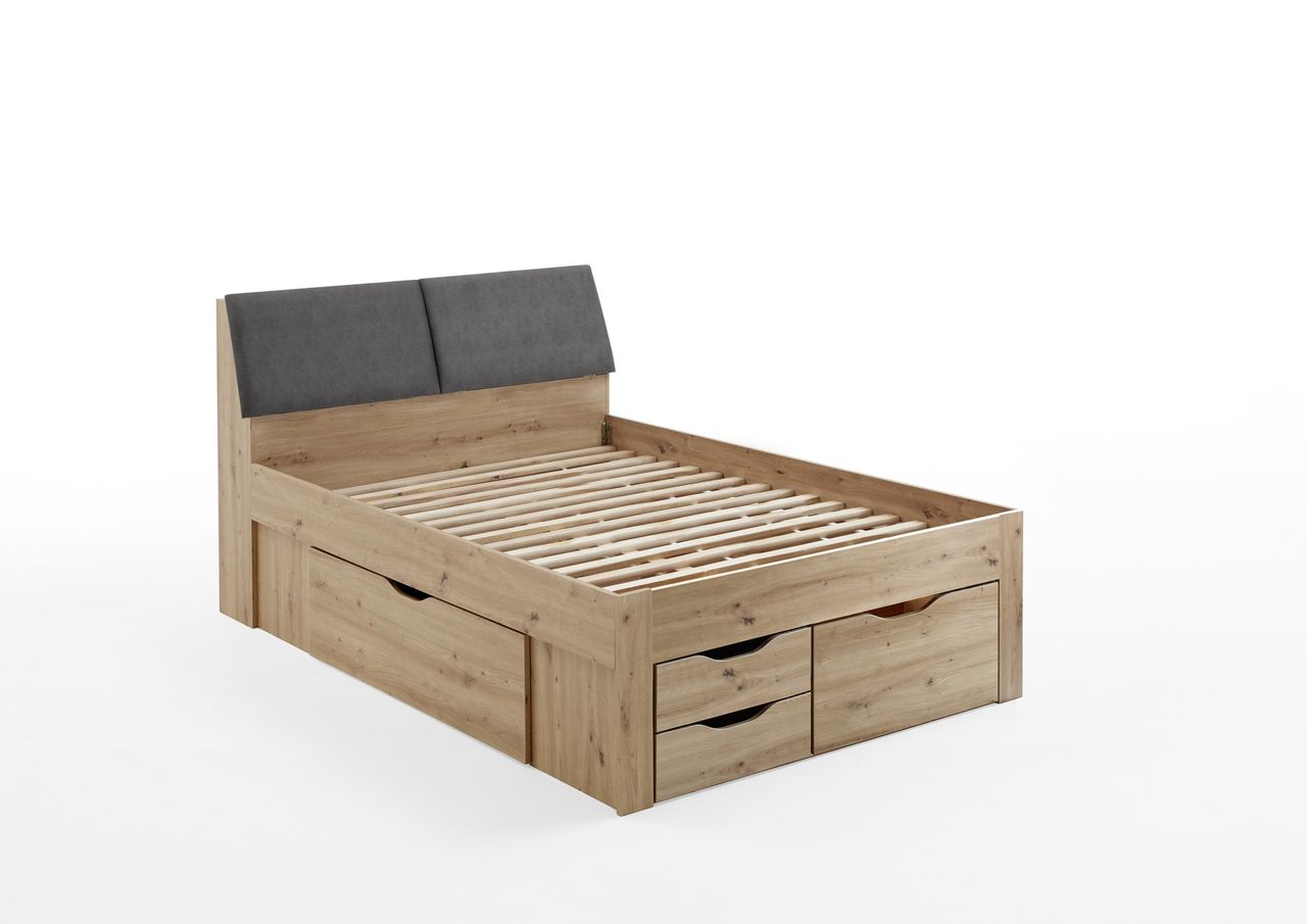 Relita Funktionsbett Maxi 140 x 200 cm, mit Rolllattenrost mit 5 Bettschubladen und Stauraum-Polster-Kopfteil Eiche Artisan Dekor