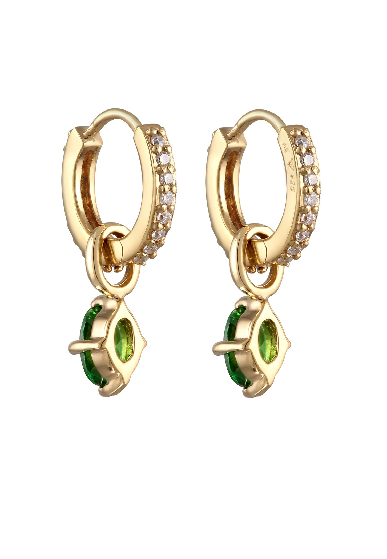 Cercei rotunzi Elli Elli cu diamant oval din zirconiu, verde și alb, argint 925, placați cu aur, cercei de seară la modă