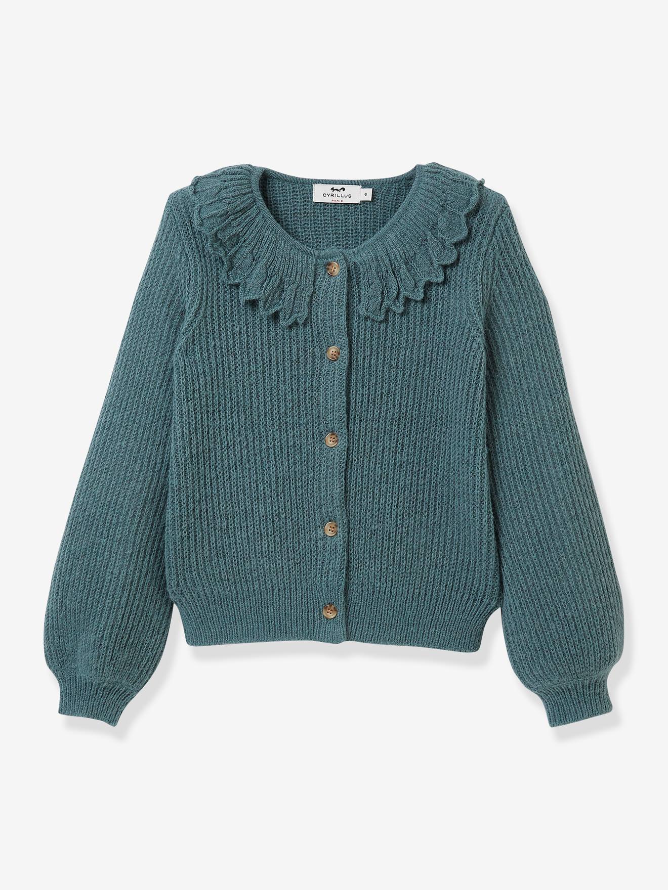 Cardigan fille col fantaisie CYRILLUS vert fonce uni
