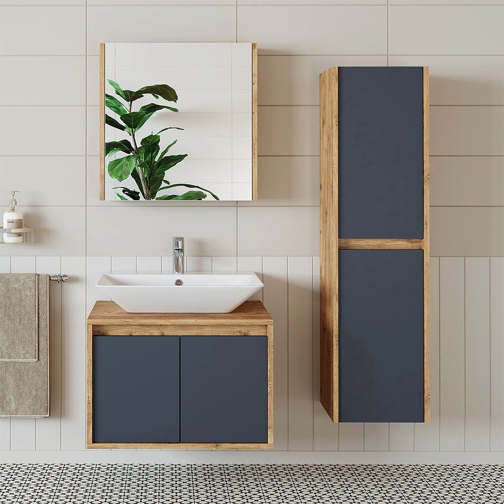 Roomart Badmöbel-Set, (Badmöbel Set 65cm Unterschrank Waschbecken Spiegelscrank Hochschrank)
