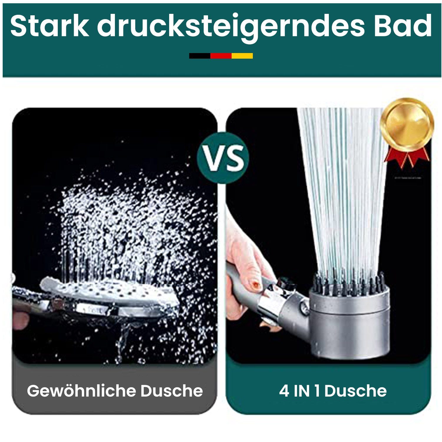 MAGICSHE Handbrause Vier in einem Massage-Hochdruck-Duschdüse verbessert das SPA-Erlebnis, (1-tlg), Duschkopf , 4 Strahlarten 1,5m Schlauch Und Klammer