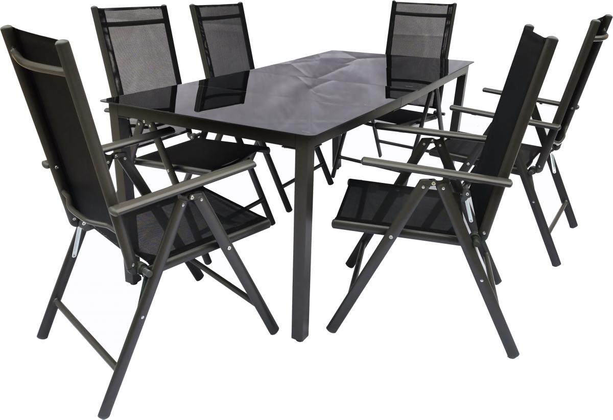 VCM Alu-Gartenset 189 Schwarzglas Tisch   6 Stühle