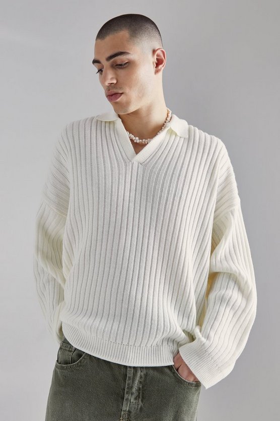 Geripptes Oversize Poloshirt mit V-Ausschnitt