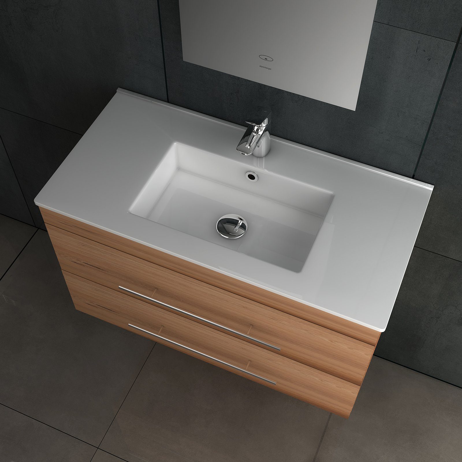 Alpenberger Badmöbel-Set Bad Unterschrank & Waschbecken Set – Waschtisch Gäste WC, (2-tlg., Badezimmermöbel Vormontiert mit Nano Becken), Waschbeckenunterschrank Breite 80 cm für Badezimmer in Bamboo