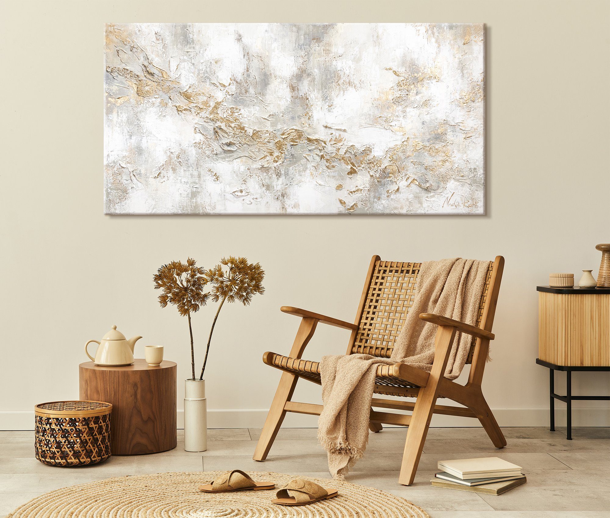 YS-Art Gemälde Geschichte, Abstrakte Bilder, Leinwand Bild Handgemalt Gold Weiß Beige Gelb