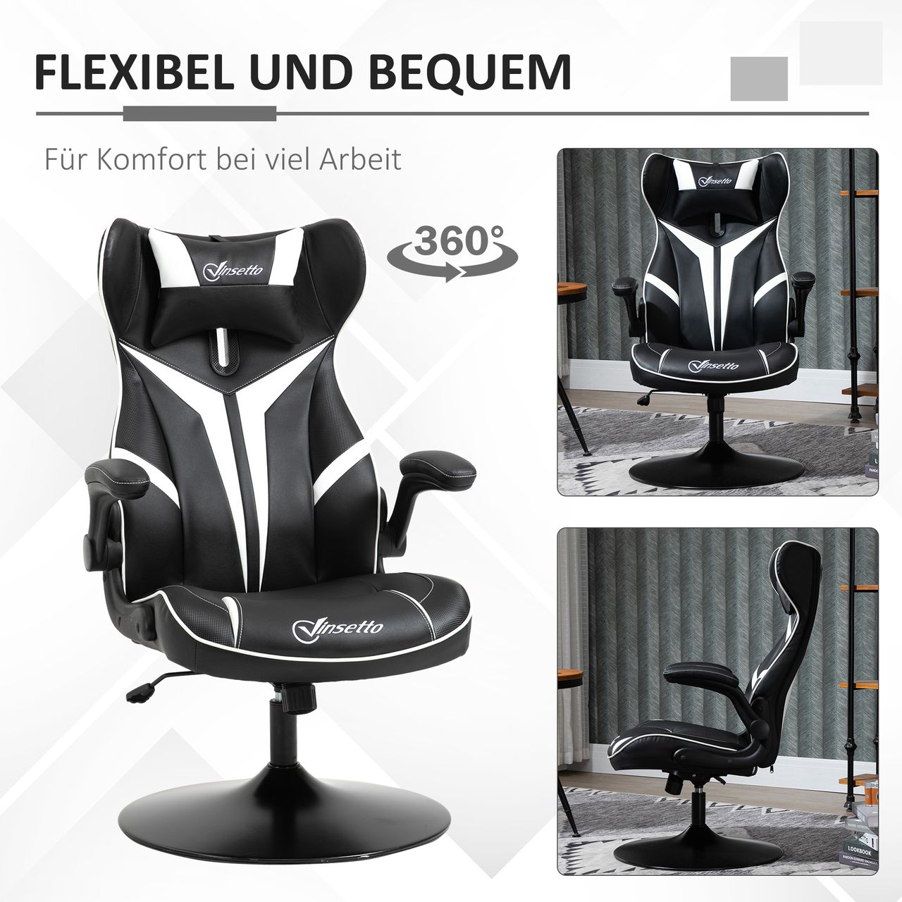 Vinsetto Gaming Stuhl ergonomischer Computerstuhl Stahl Schwarz Weiß 67 x 75 x 106-112 cm