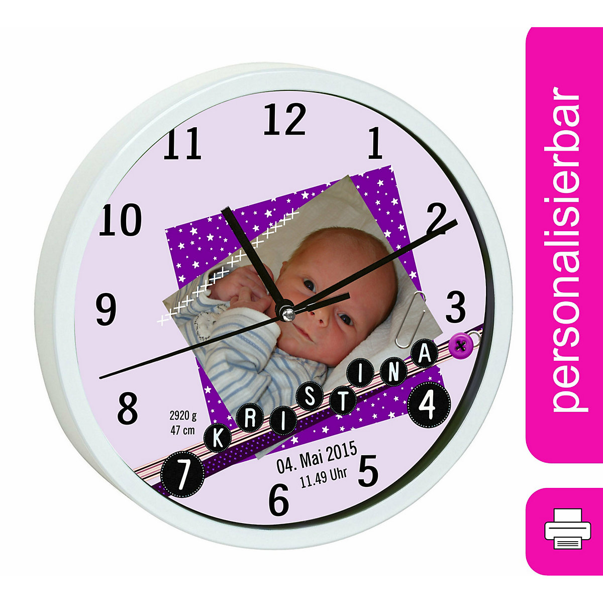 Kinder Wanduhr laufruhig personalisiert mit Name Scrapbooking lila