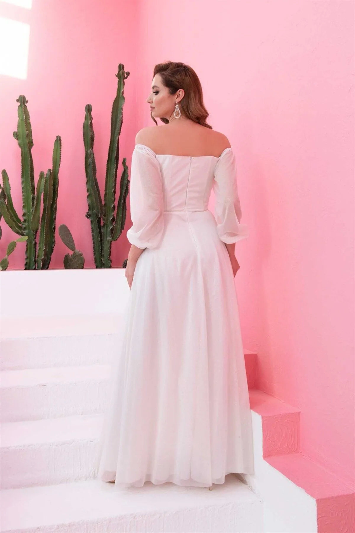 Carmen  Ecru glitzerndes Langarm-Hochzeitskleid und Outdoor-Shooting-Kleid