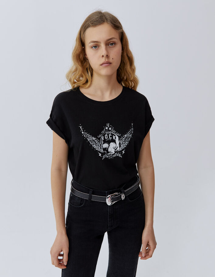 Tee-shirt noir visuel tête de mort ailée Femme