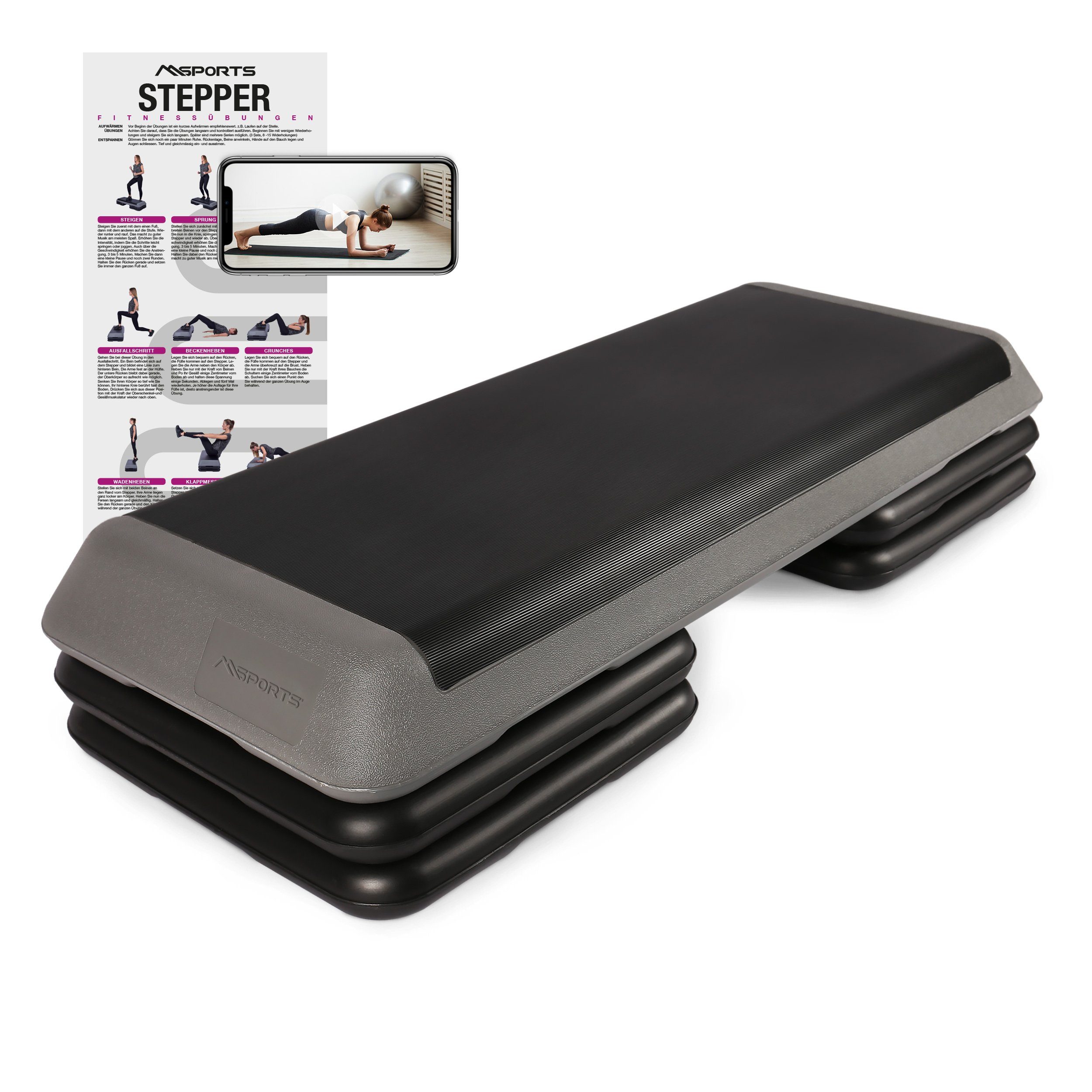 MSports® Stepper Steppbrett Professional inkl. Übungsposter, inkl. Übungsposter 3 - Fach höhenverstellbar Studio Stepper