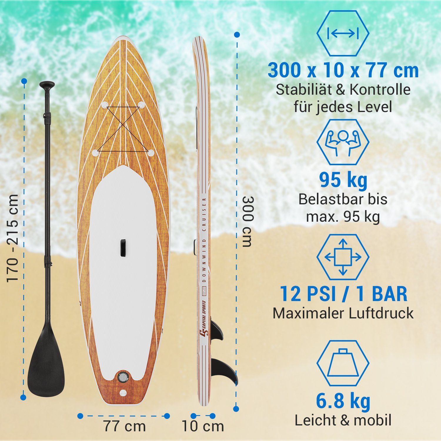 Capital Sports Inflatable SUP-Board Downwind Cruiser 9.8, Paddle Board, (Set), Stand Up Paddling Board Standup Paddle Board SUP Board Paddel Board